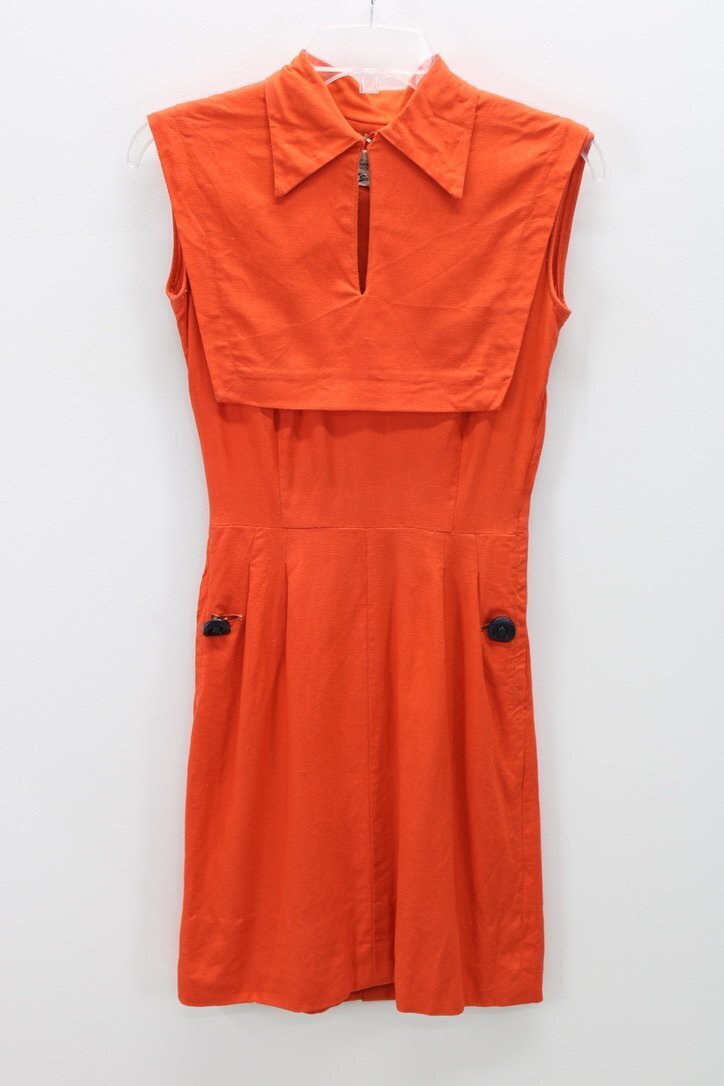 Vintage 1950s Dress Sailor Collar Orange Sleeveless Original Franklin Salyna XXS