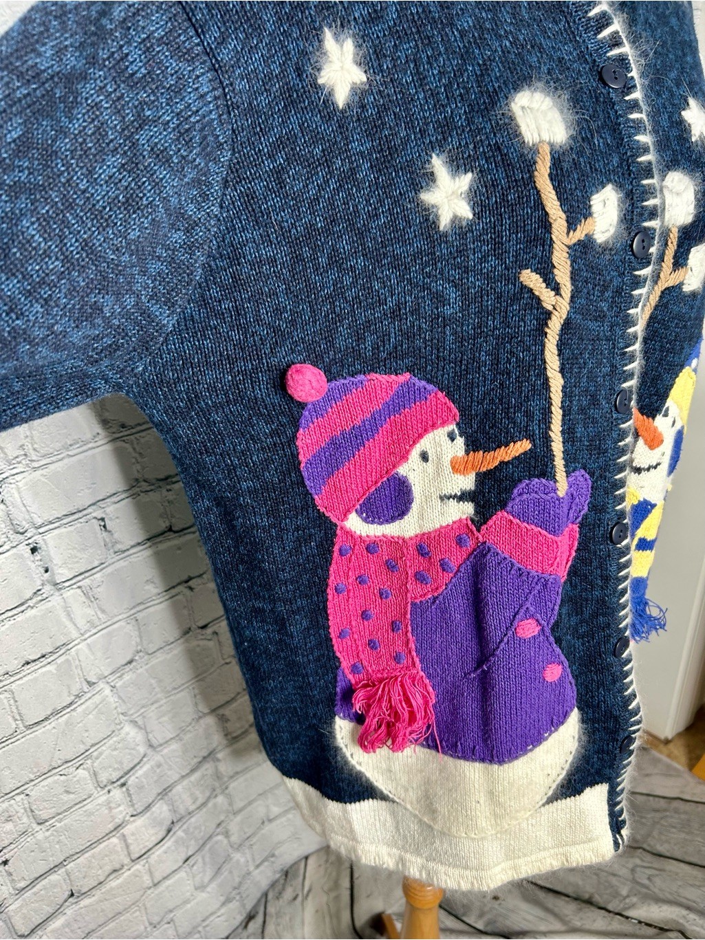 Grandma Eclectic Snowman Vintage Cardigan Navy Blue Knit Button Front