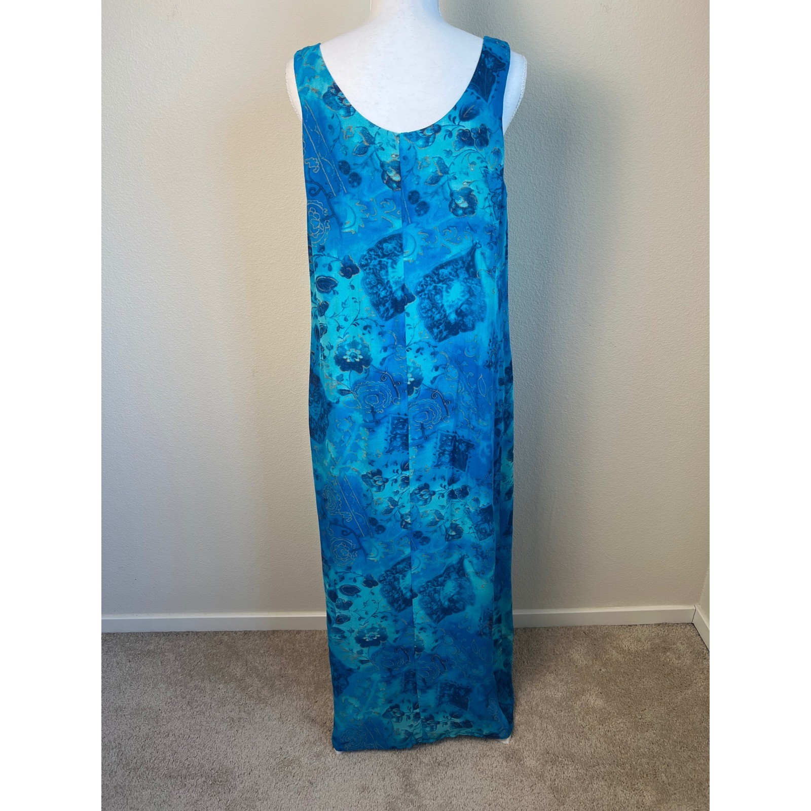 VTG Rabbit Rabbit Designs Blue Floral Rayon Maxi Dress Duster Set Size 12 Artsy
