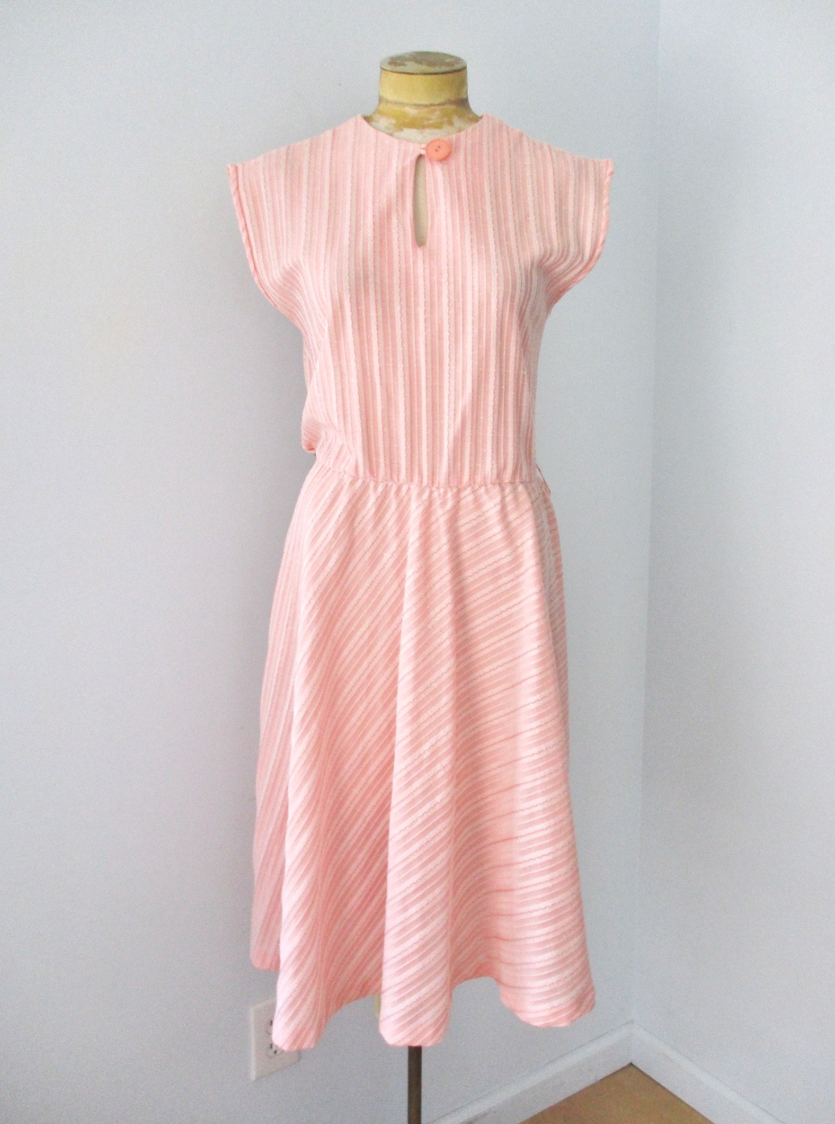 Vtg 70s Coral Pink Stripe Poly Knit Disco Secretary Dress Full Skirt Pocket M/L