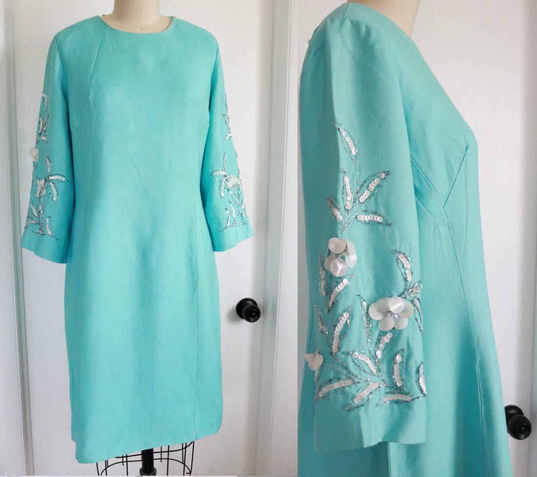 Vintage 50s 60s Turquoise Rhinestone Beaded Sequin Dress Size M Mid Century