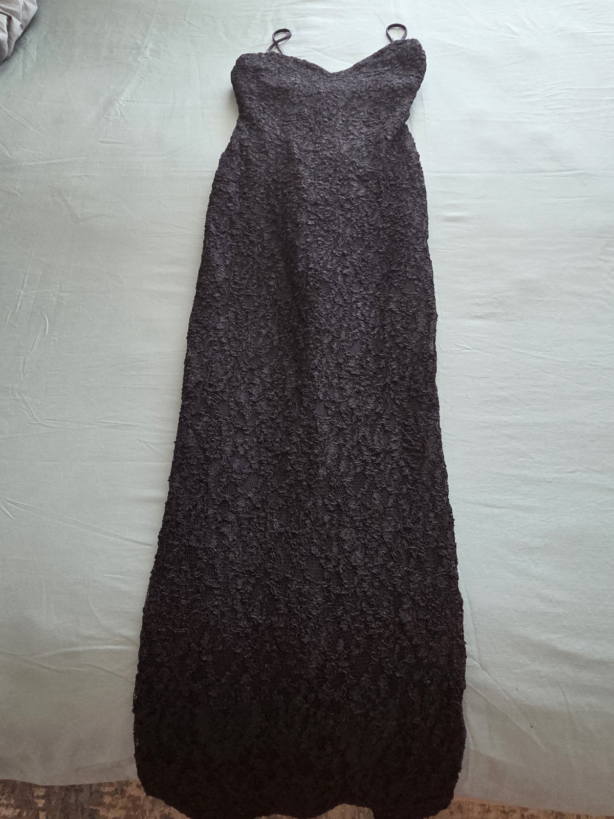 Vintage L.A. Glo Black Lace Maxi Dress Slip Spaghetti Strap Side Slit USA XS/S