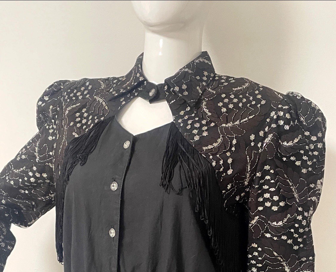 Vintage Lilia Smitty Western Dress Black Silver Fringe Size 11/12 Lace Rodeo