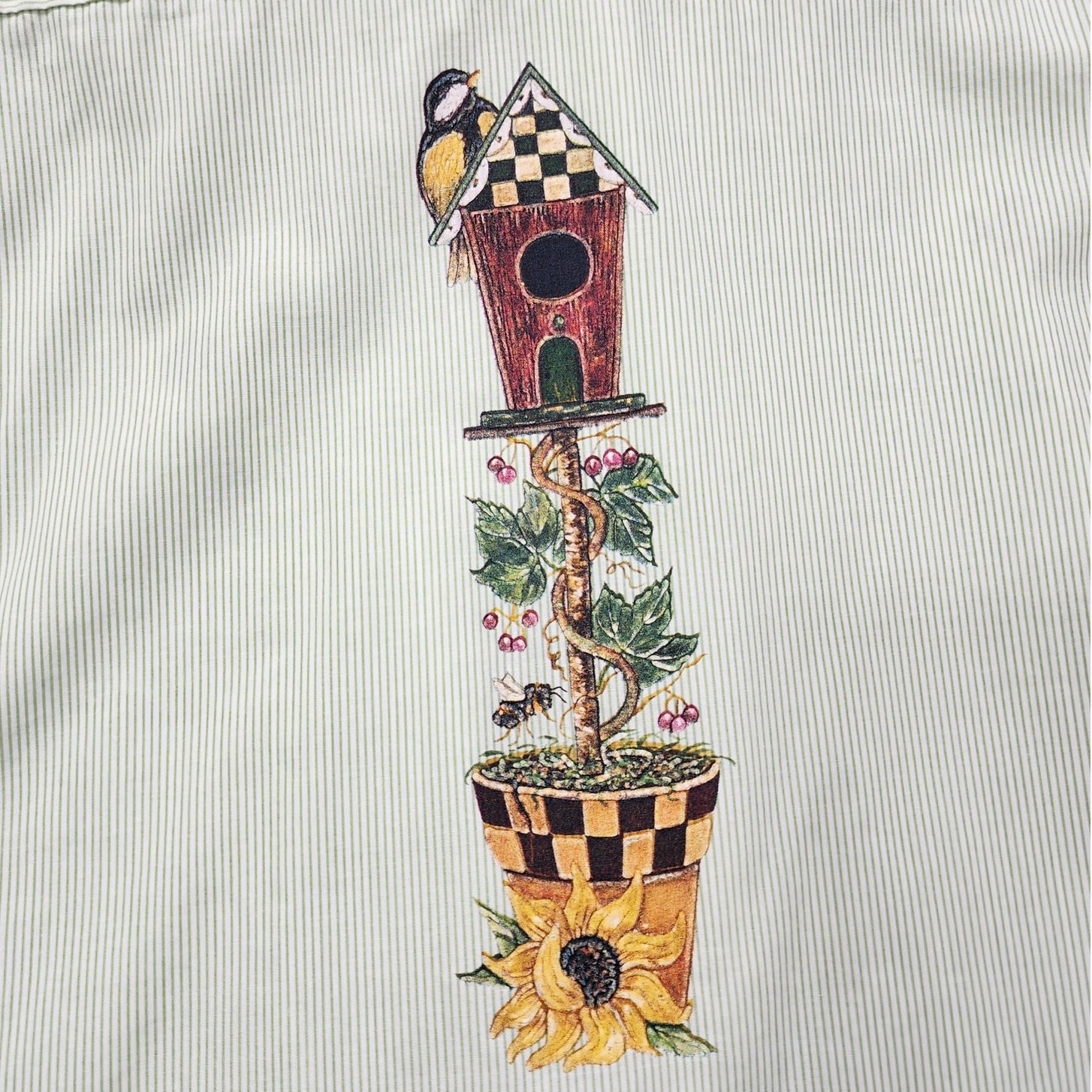 Vintage Get Lucky USA Top Womens 1X Green Striped Long Sleeve Bird House Flowers