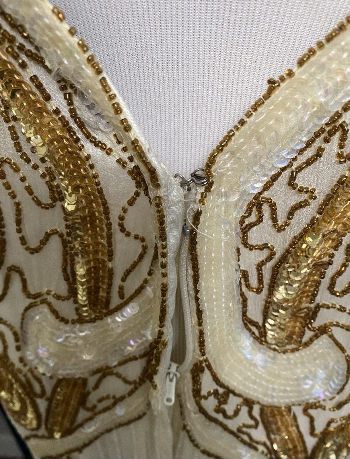 Vintage 1980s does 1920s Dress Flapper Style Heavily Beaded Silk Ivory Gold