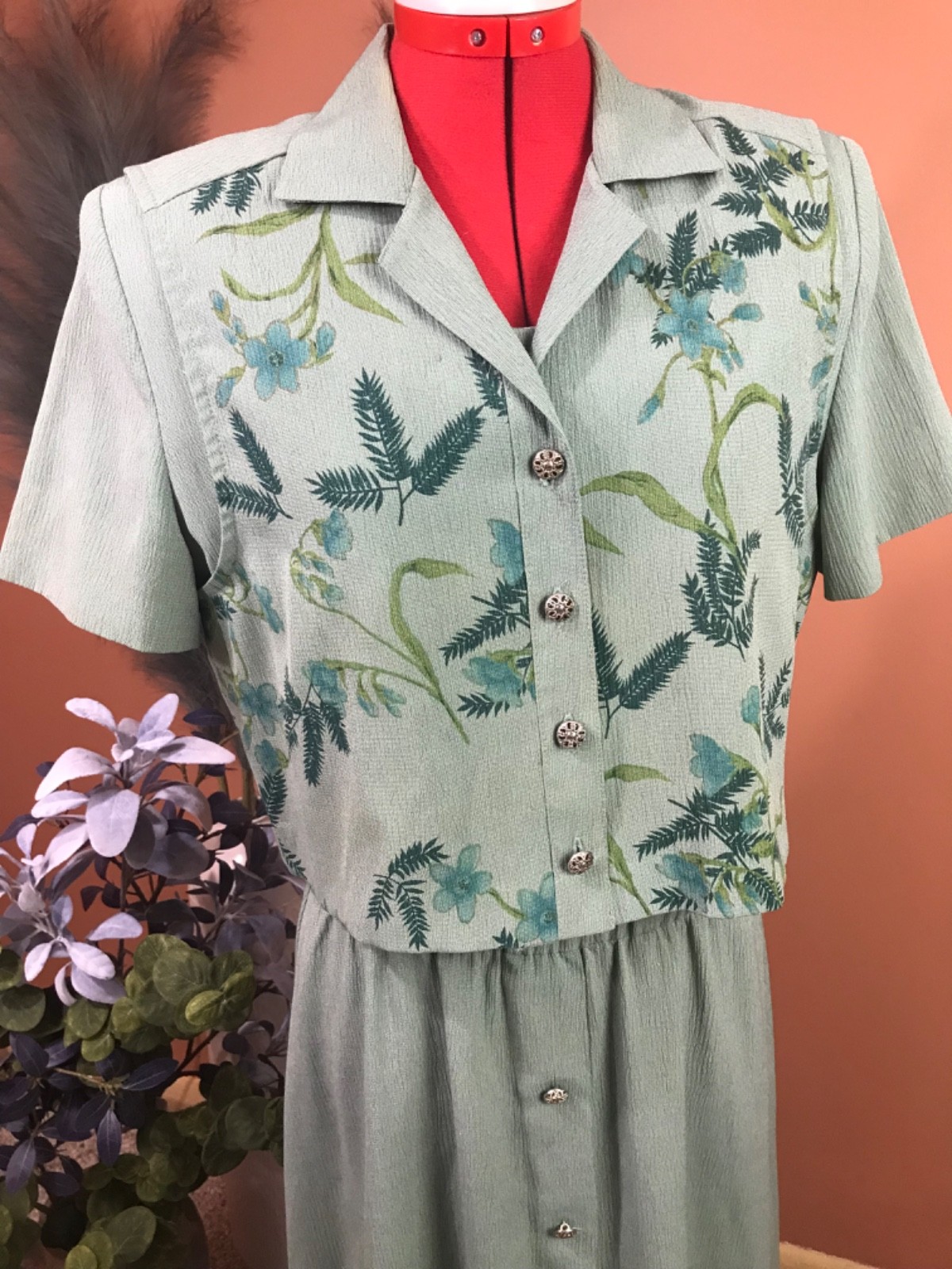 miss dorby green dress floral vest sz 12 cottagecore vntg 90’s homestead