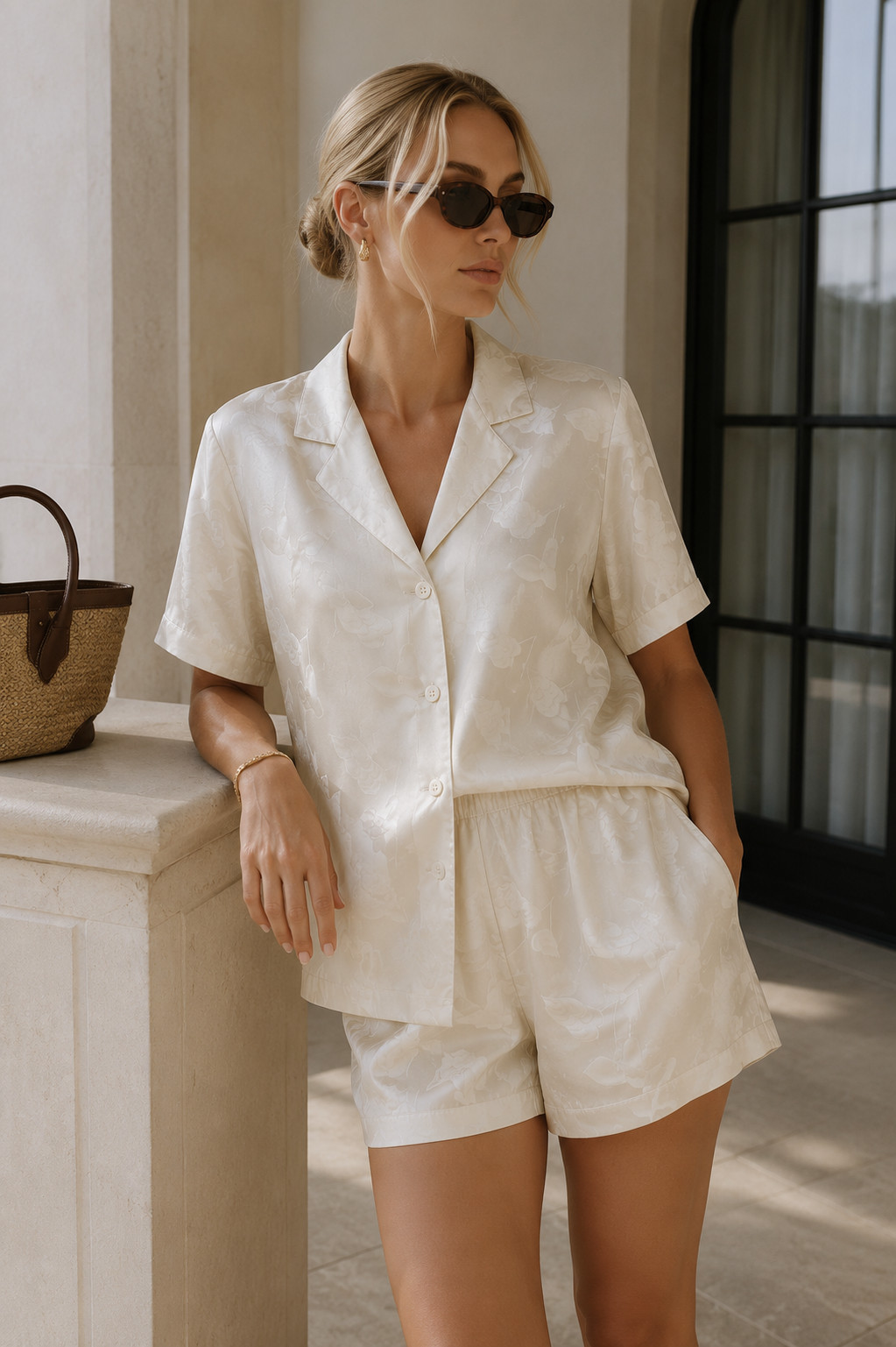 Vintage ISADORA 100% Silk Jacquard Matching Set Ivory Blouse Shorts M/L