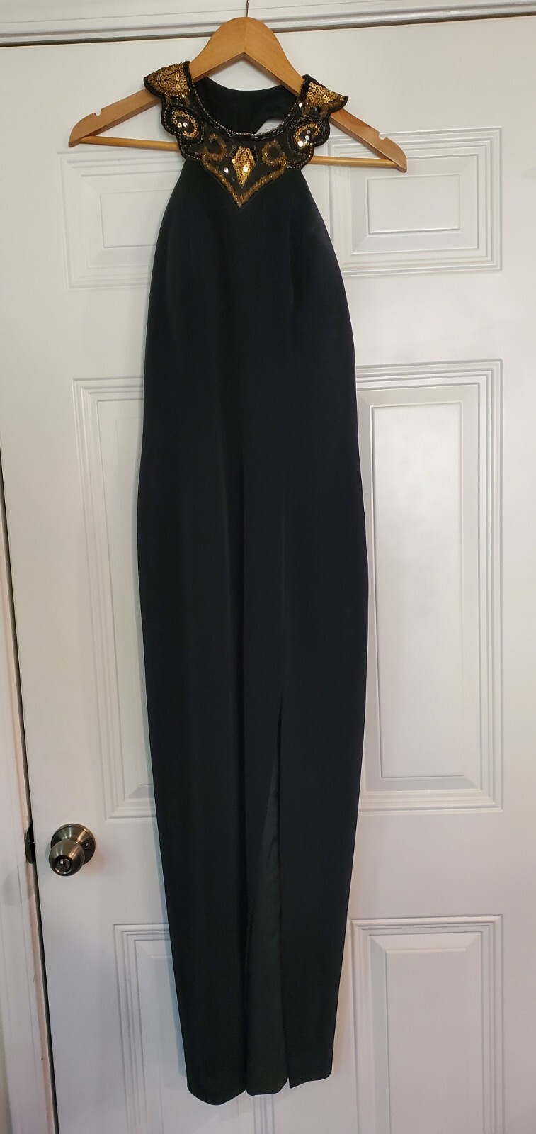 Vintage Niteline Beaded Sequins Backless Long black &gold Gown Small Med