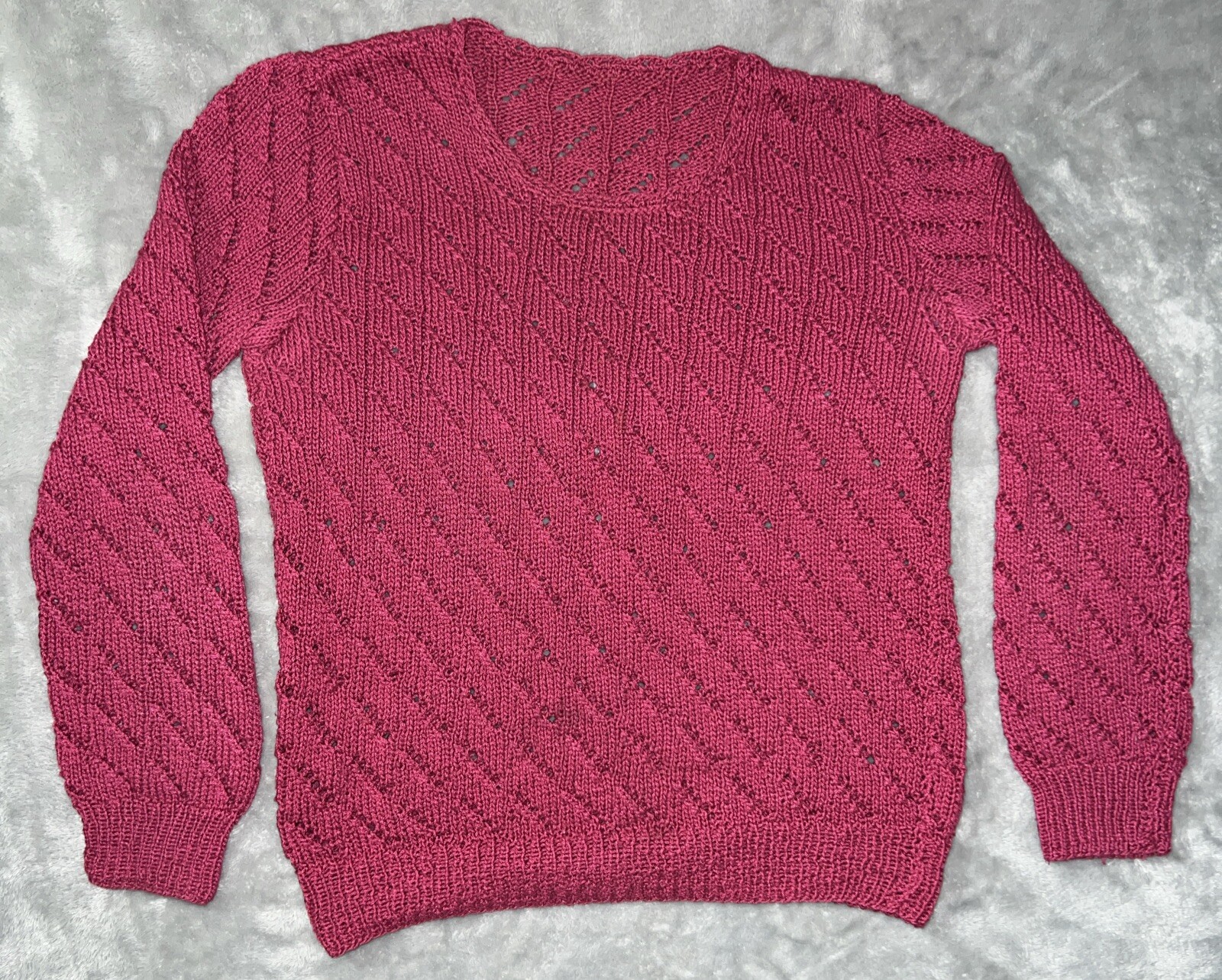 Vintage 1960s Hand Knit Womens V-Neck Cotton Textured Sweater Berry Pink Mod