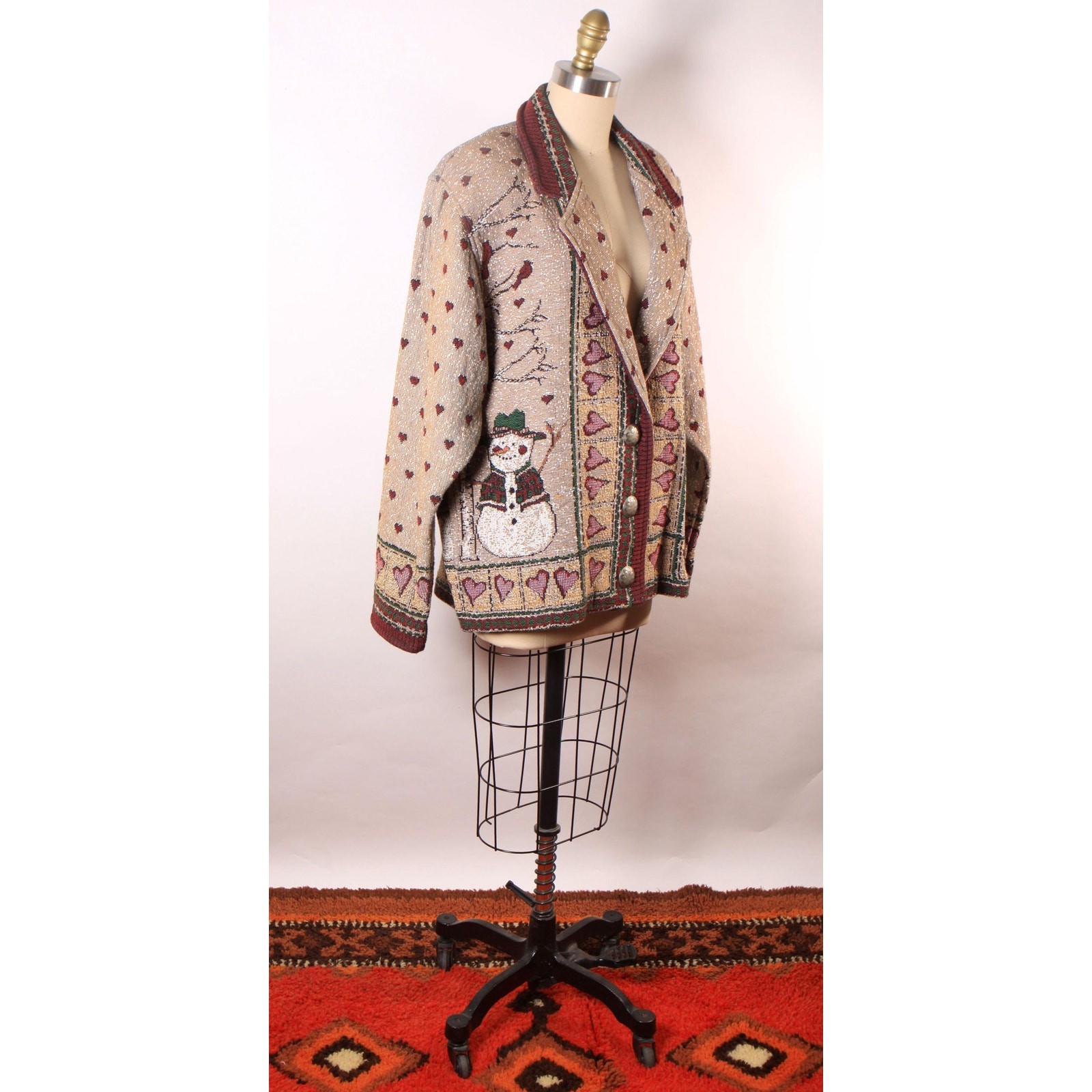 1980s 1990s Tan, Red and Green Novelty Tapestry Snowman Jacket by Painted Pony