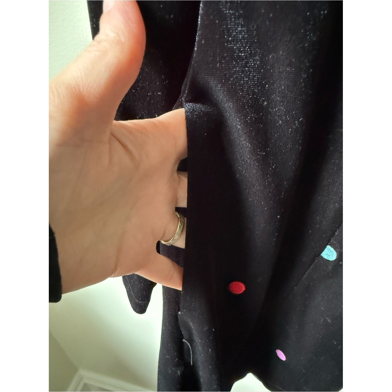FARM RIO Embroidered Velvet Mini Dress Polka Dot Retro Whimsy Black Rainbow M