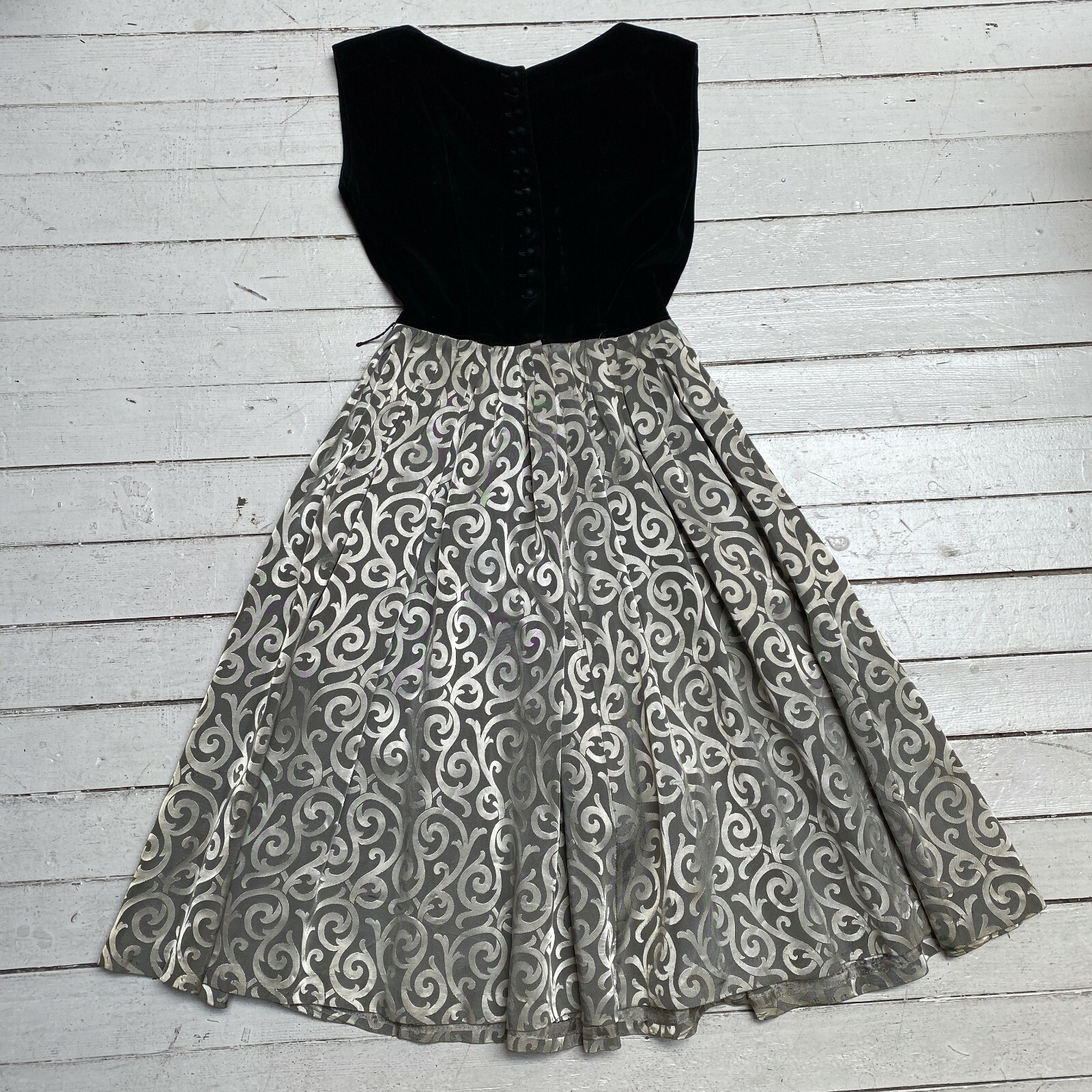 VTG 1950s JUNIOR TOWNE Sliver Brocade Black Velvet Full Skirt Party Dress XS