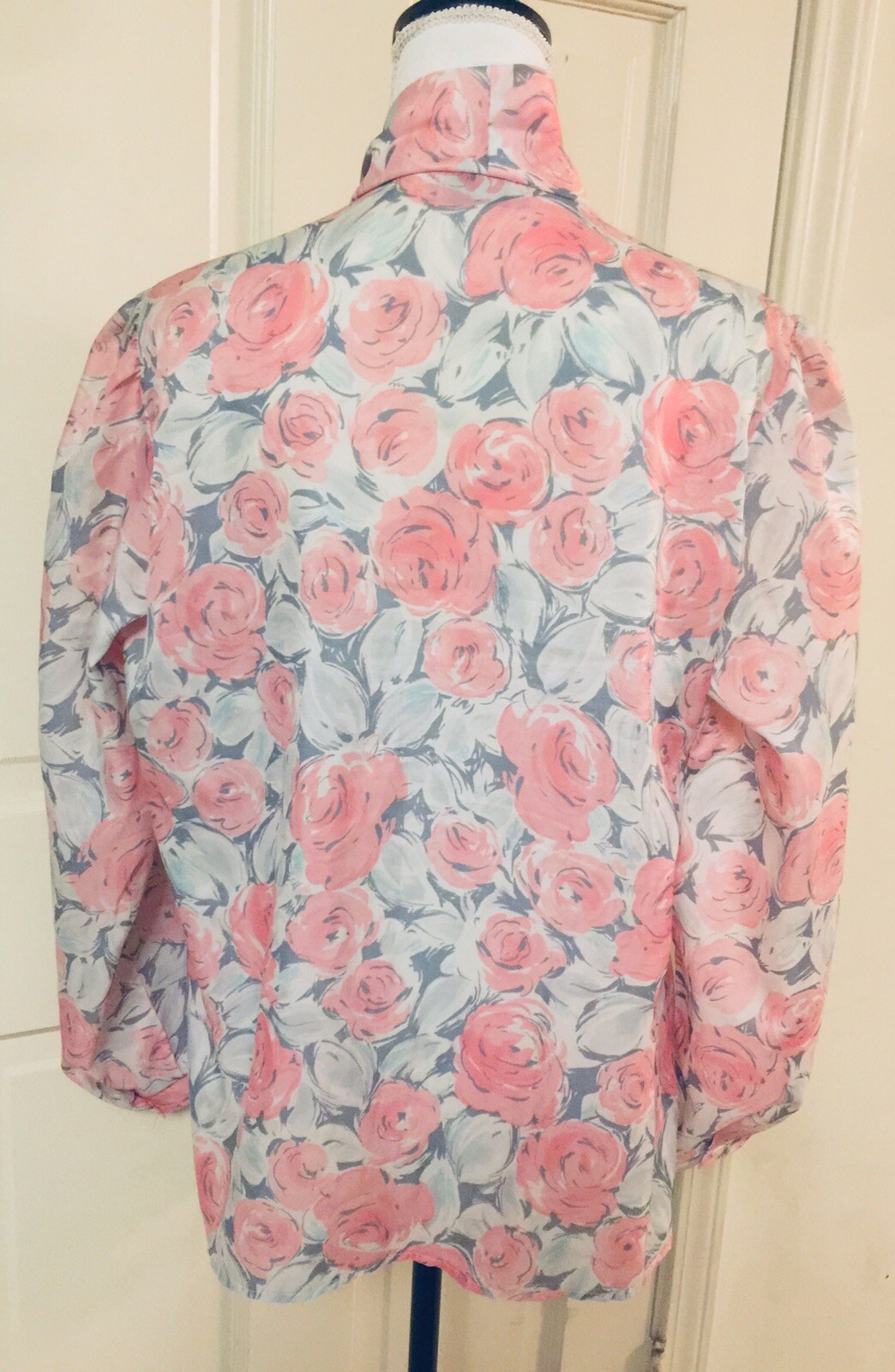 Vintage Alicia Womens Blouse Pink Gray White Floral Attached Neck Scarf Tie