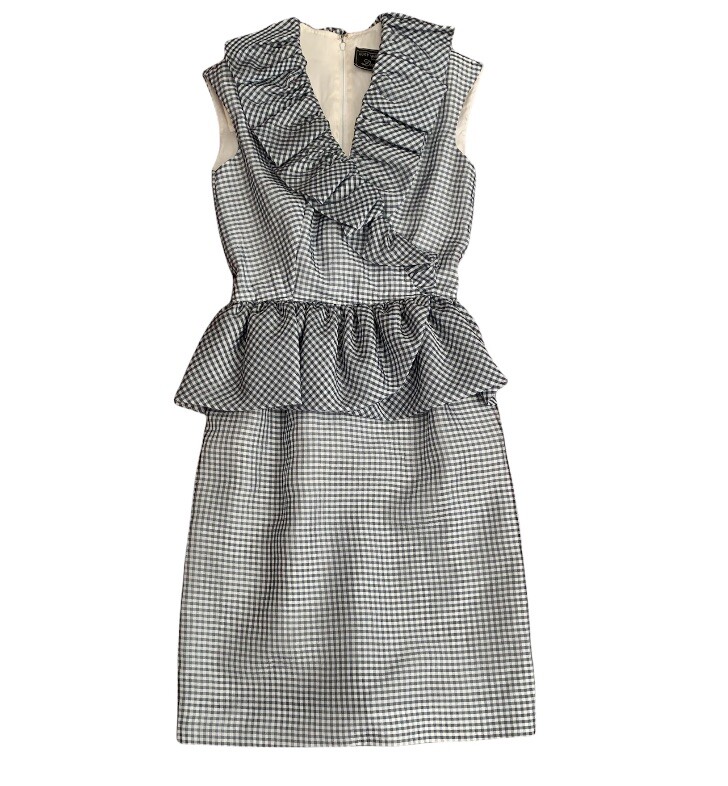Vtg 80s Retro 50s Dress Blue White Gingham Sleeveless Huey Waltzer Rockabilly