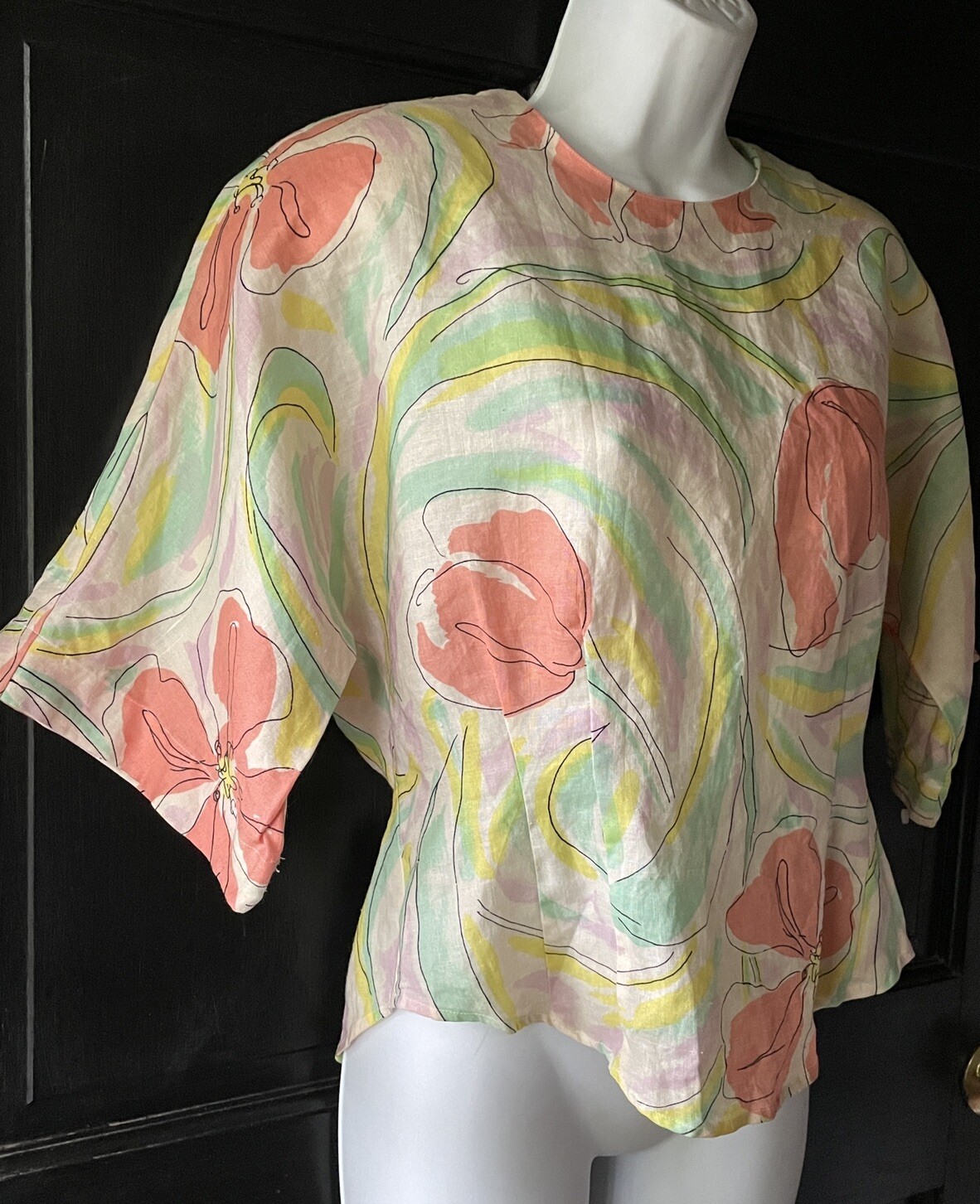 Vtg 80’s Workshop Fenn Wright Ramie Shoulder Padded Floral Blouse Size 8 Medium