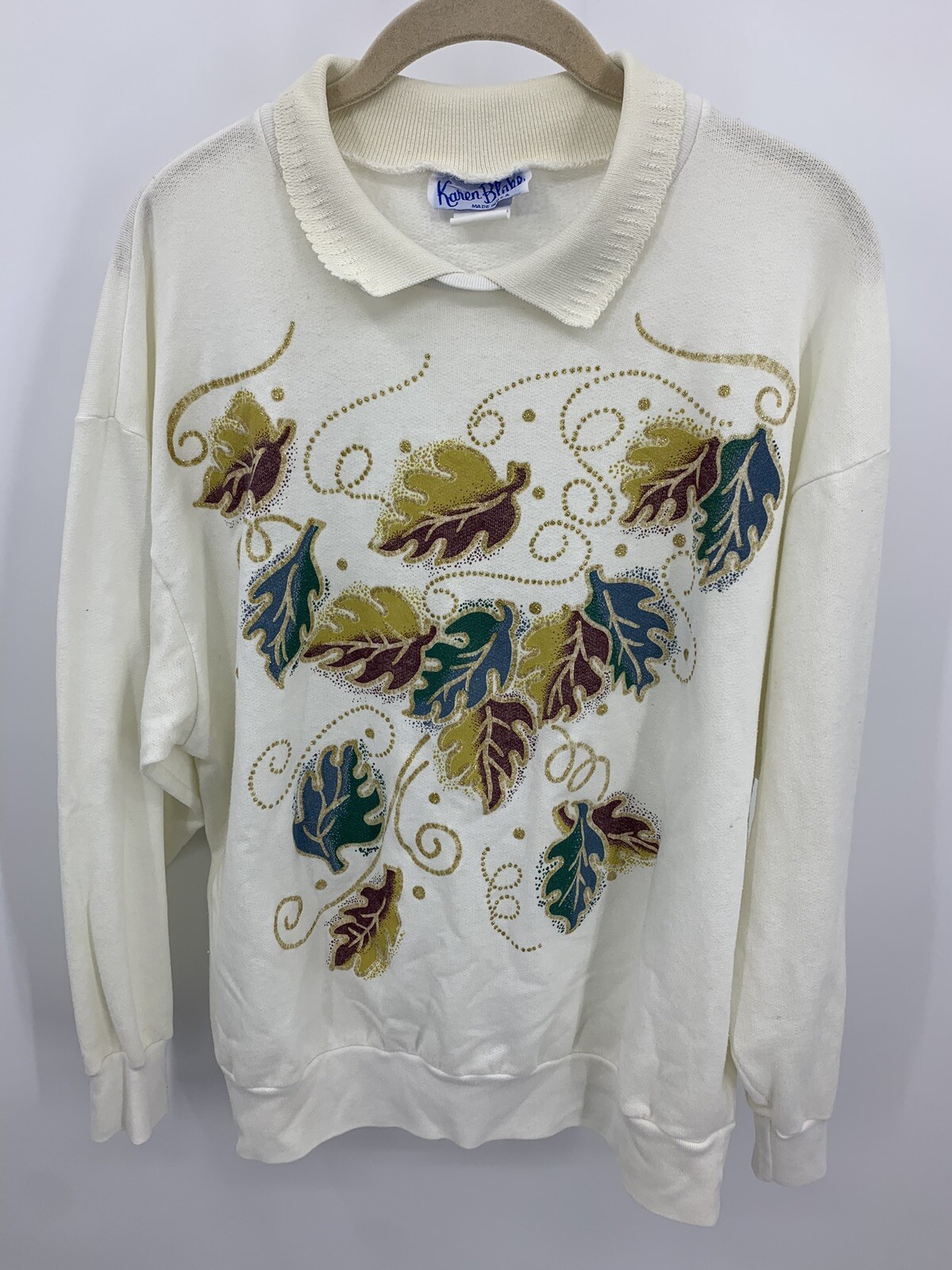 Vintage 80s 90s Karen Blake Collared Sweatshirt USA Made Leaf Print Granny Core