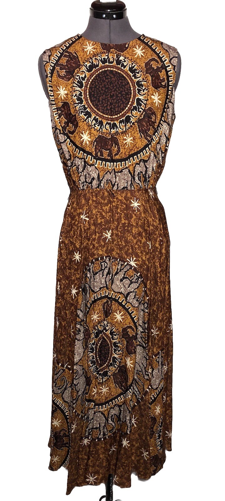 Vintage Boho Dress Animal Print Elephant Print Rayon Midi Dress Brown Safari M