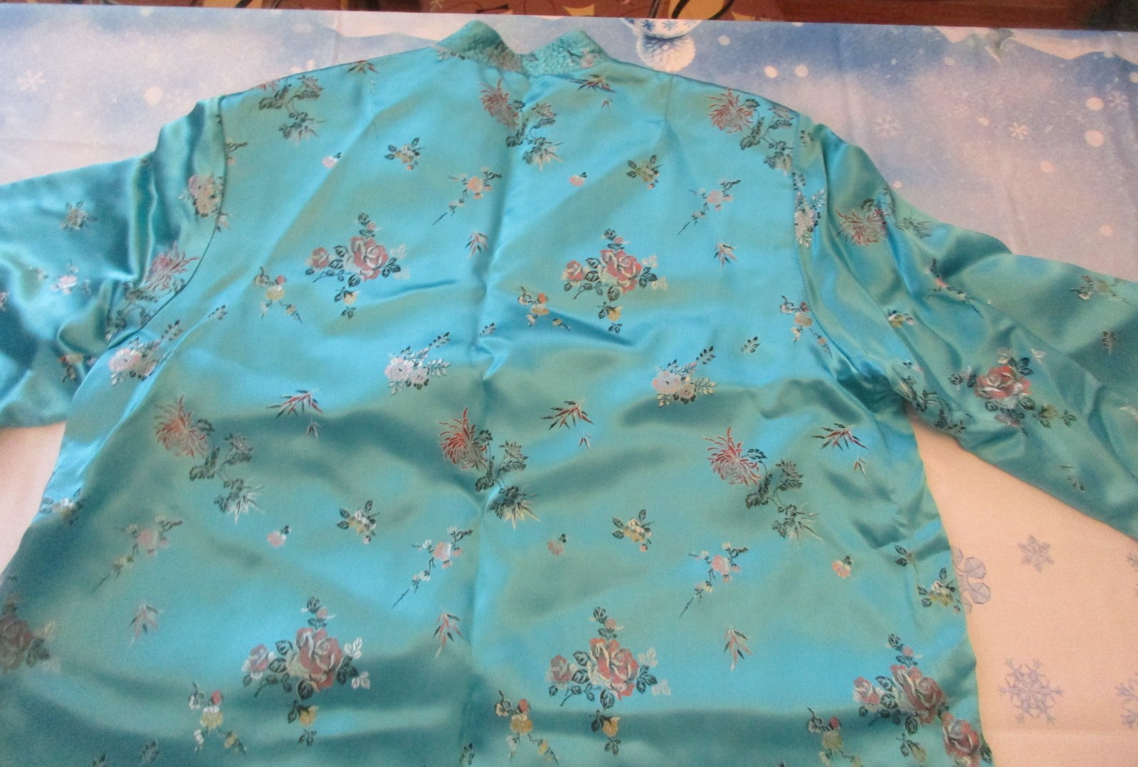 Vintage Turquoise Satin Brocade Asian Floral Robe – Size 42 – 1940s/60’s