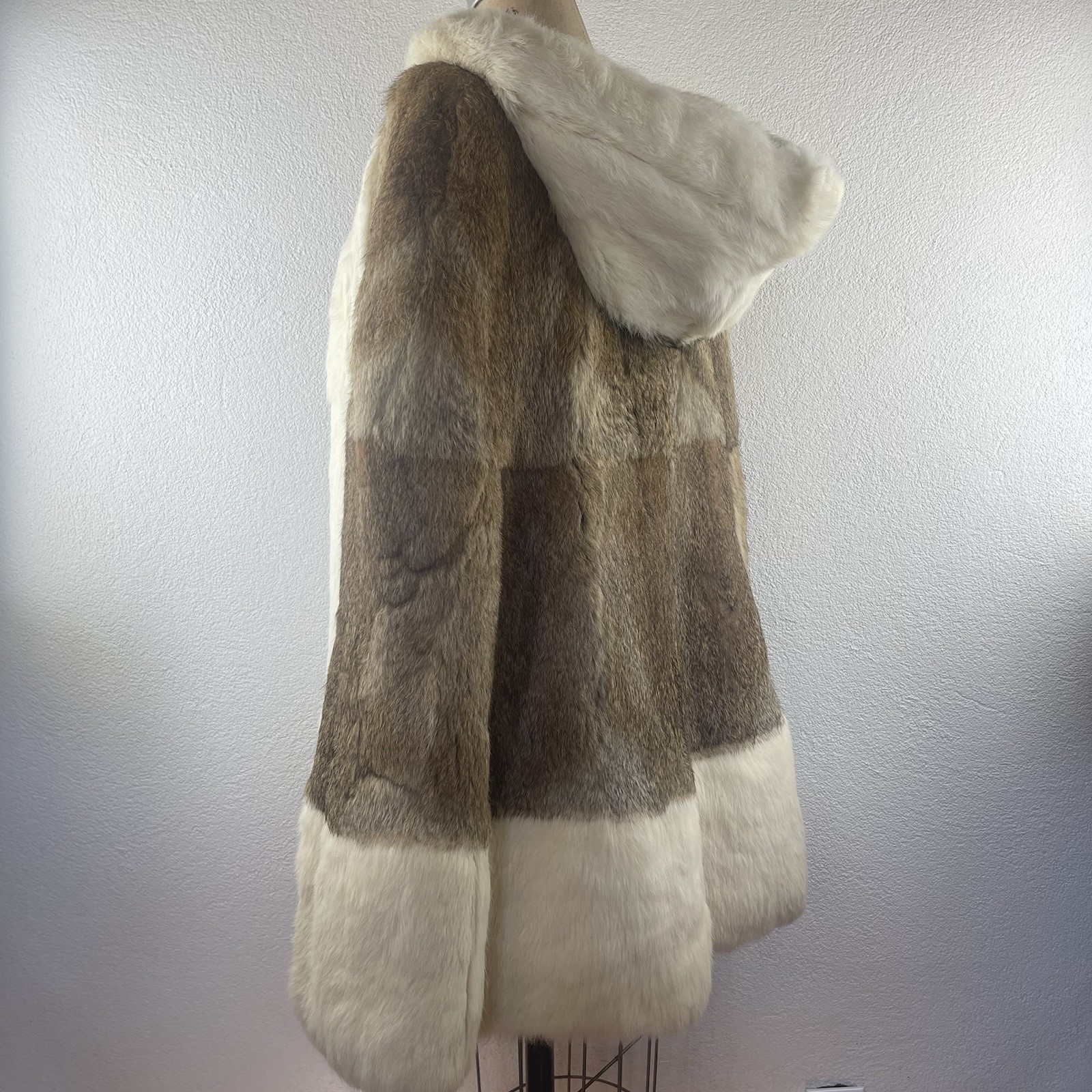 Vintage l 60s Mod Hippie Festival Two-Tone Rabbit Fur Pocket Hooded Cape Poncho