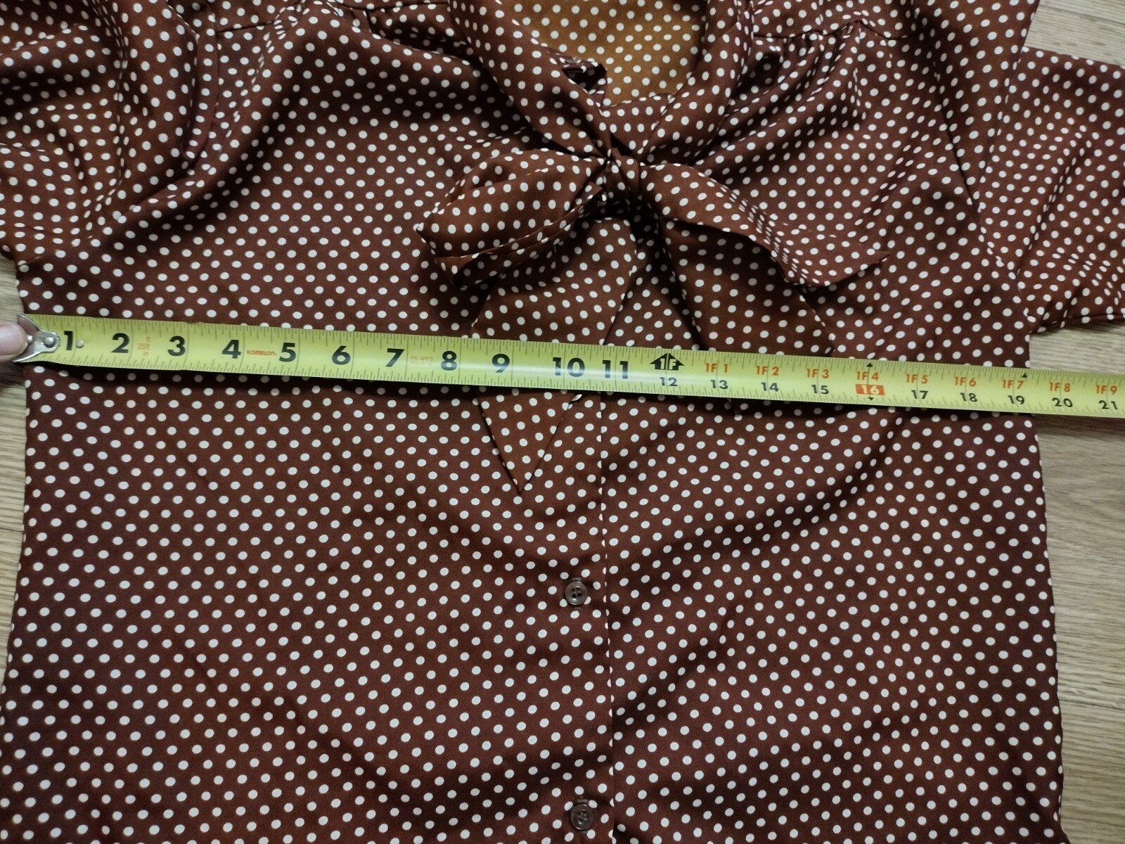 Vintage Womens 14T Sears Fashion Place Brown Polka Dot Tie Blouse Shirt Top VTG