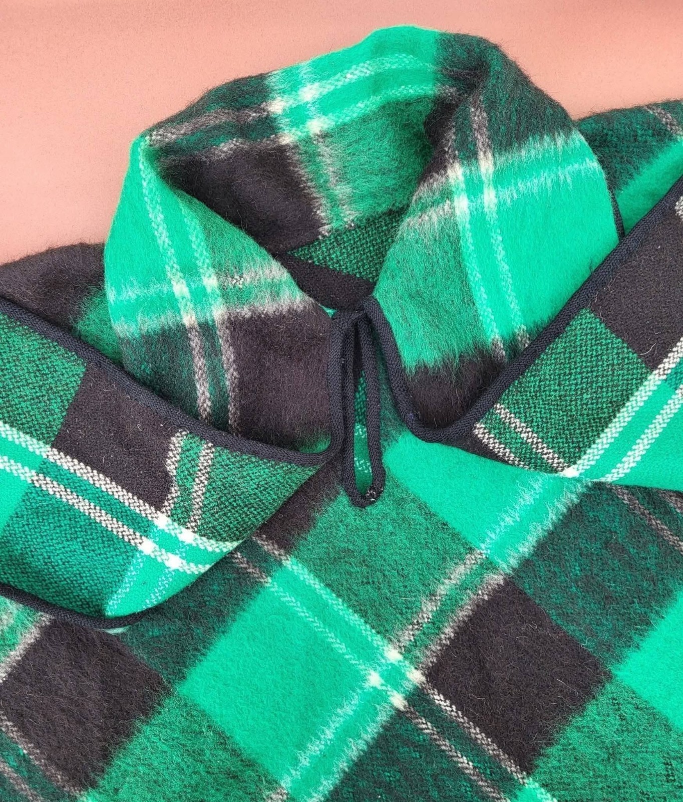 1960s Black And Green Plaid Poncho/Cape As Is