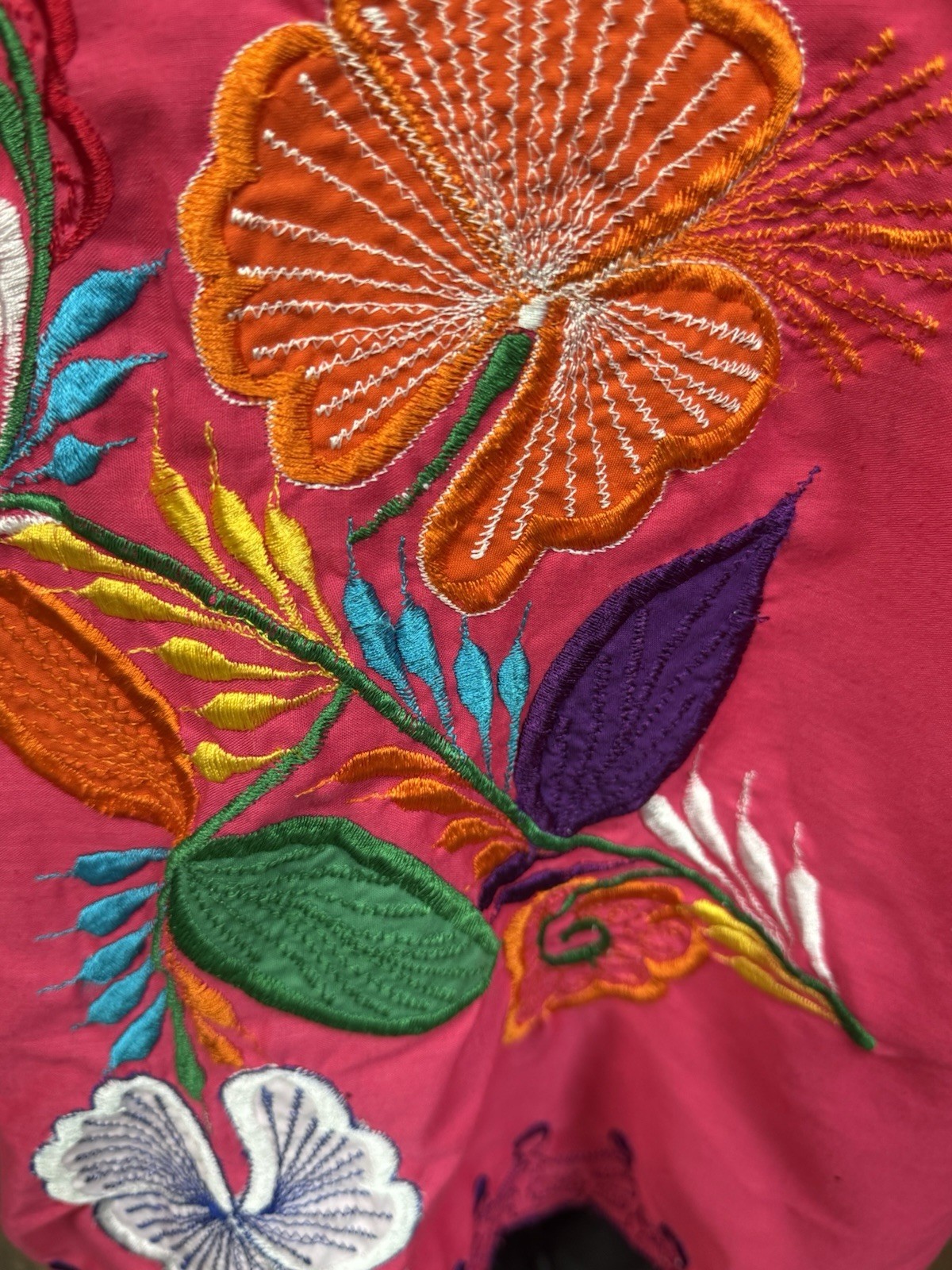 Vintage Panama Embroidered Caftan Dress Fuchsia Floral Muu Muu House Dress