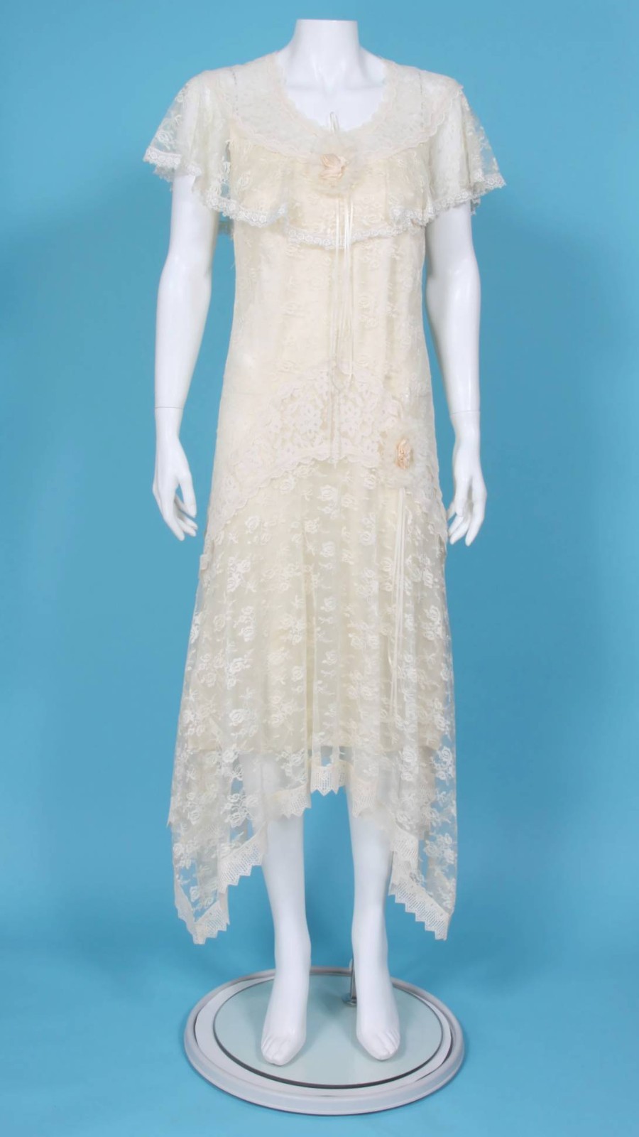 Vtg 1970s does 30s Lace Drop Waist Goddess Wedding Dress Flutter Sleeve 3/4 /610