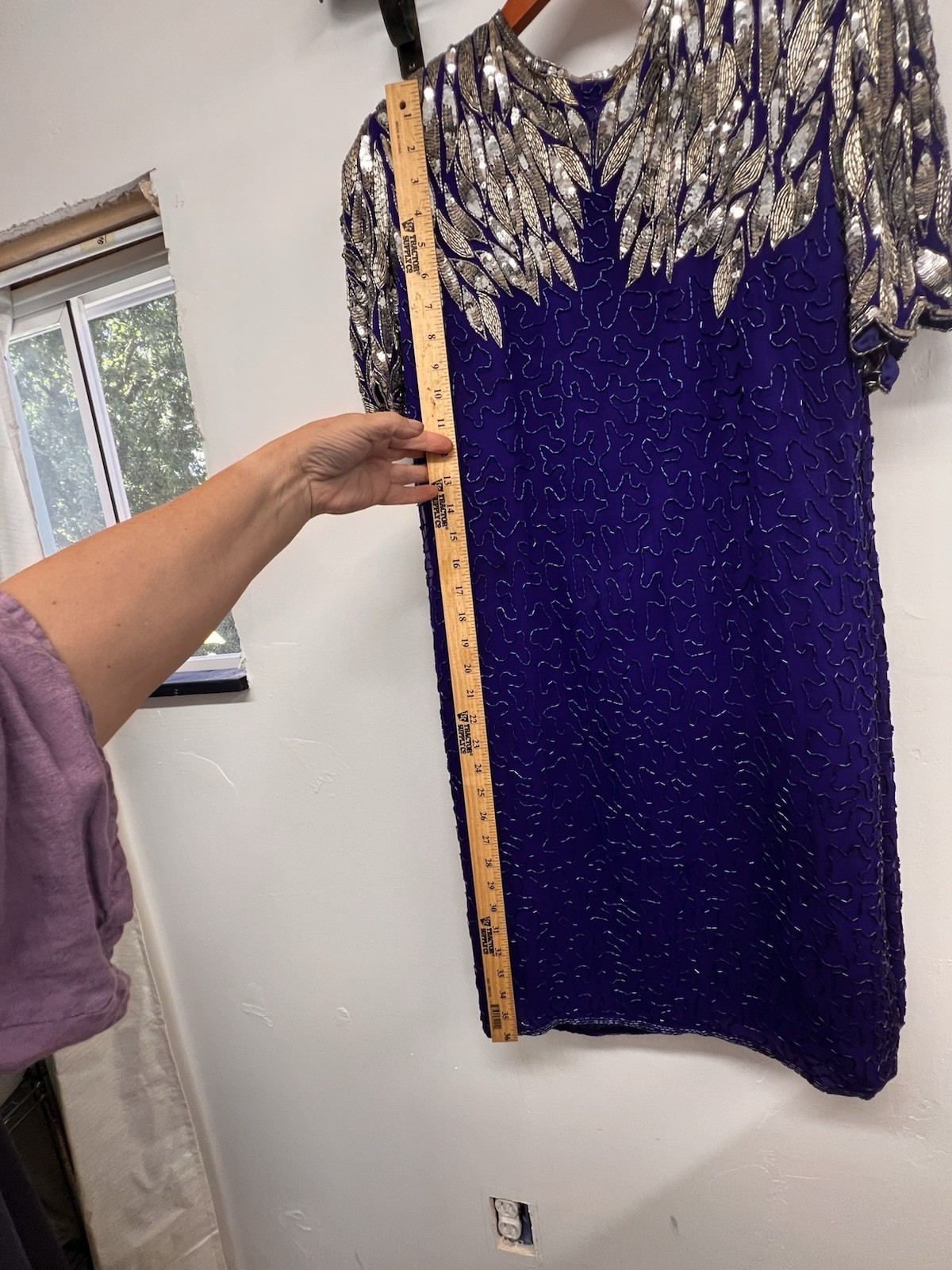 Vintage Formal Sequins Silk Beaded Dress Stenay 80’s Glamour Scallop Sleeves 14