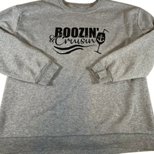 Boozin’ & Cruisin’ Heather Gray Pullover Crewneck Sweatshirt LG Cruise Vacation