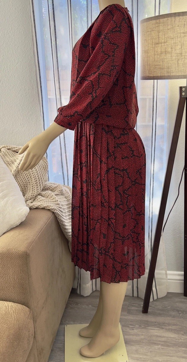 Vintage 80s REO Red Floral Pleated Drop Waist Dress Size 6 Retro ILGWU EUC