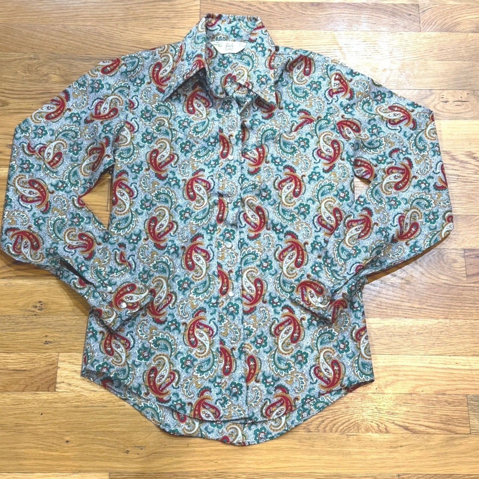 Vintage Lady Lee Paisley Button Down Shirt 70s Long Sleeve Red Green Gold 7/8