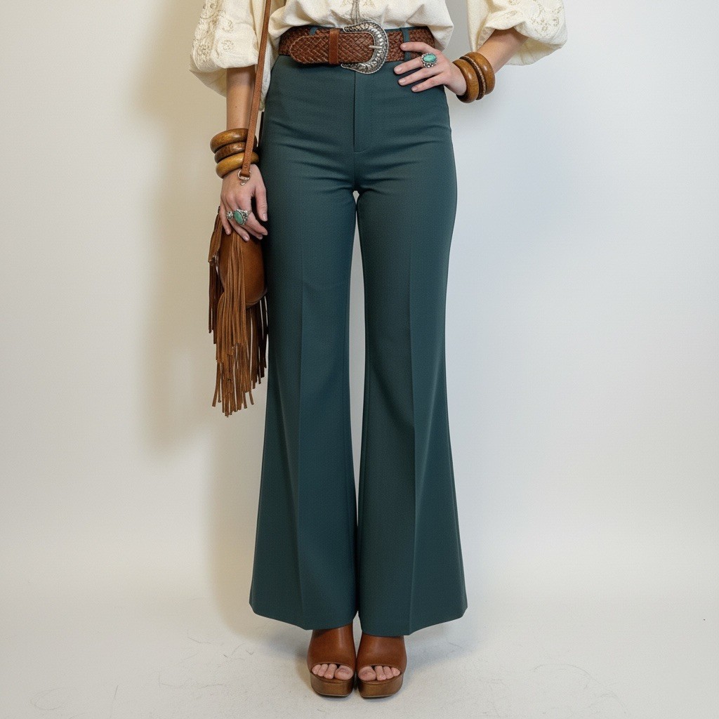 Vintage 70s Happy Legs Forest Green Wide Leg Trousers High Waist Bell Bottoms
