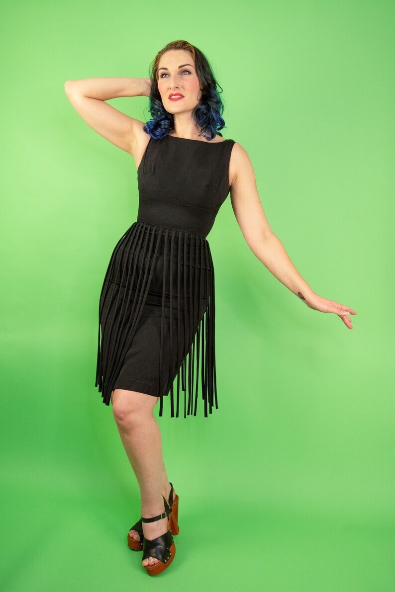 Vintage 1950s 60s Pinup Cocktail Dress Fringe Midi Pencil XS S 2 4