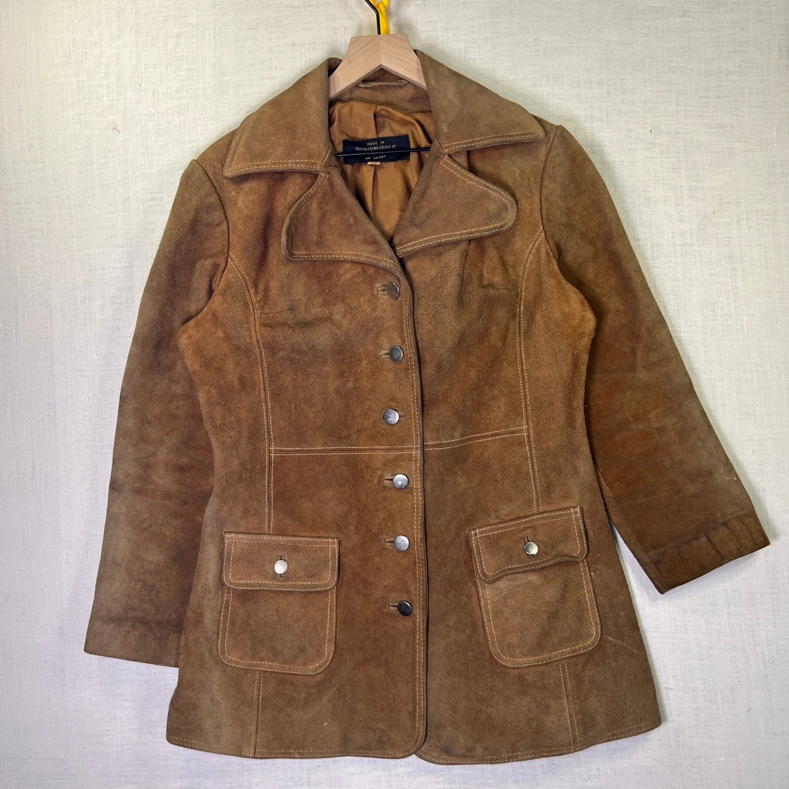 VTG 70s Suede Leather Jacket Womens Sz 12 L Brown British Crown Colony Hong Kong