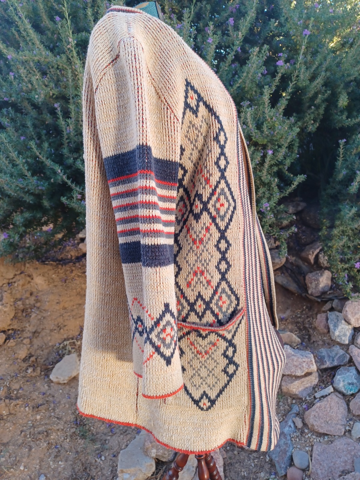 Vintage 70s Boho Geometric Pattern Shawl Collar Cardigan, Wintuck by Sabra
