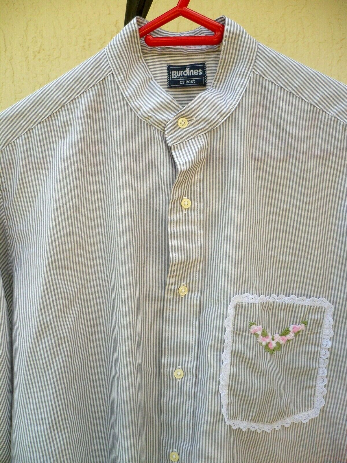 VTG BURDINES USA L WOMENS COTTON GRAY PIN STRIPED PINK EMBROIDERED POCKET BLOUSE