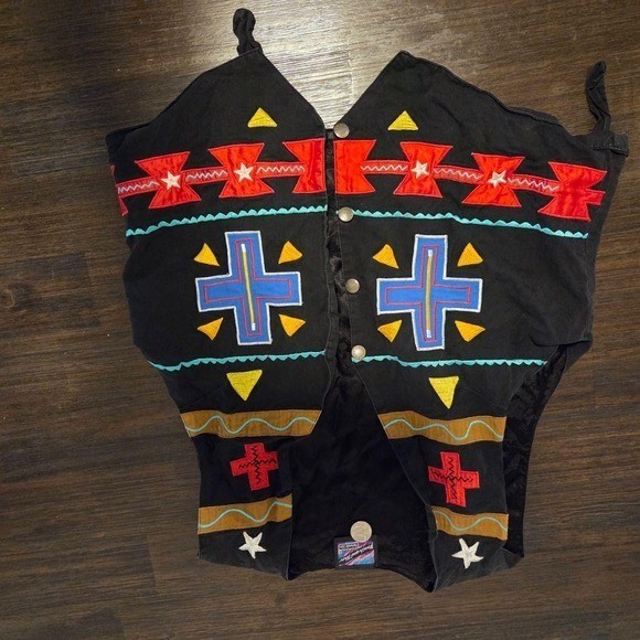 Vintage Panhandle Slim Western Vest Womens Black Embroidered Southwestern Snap