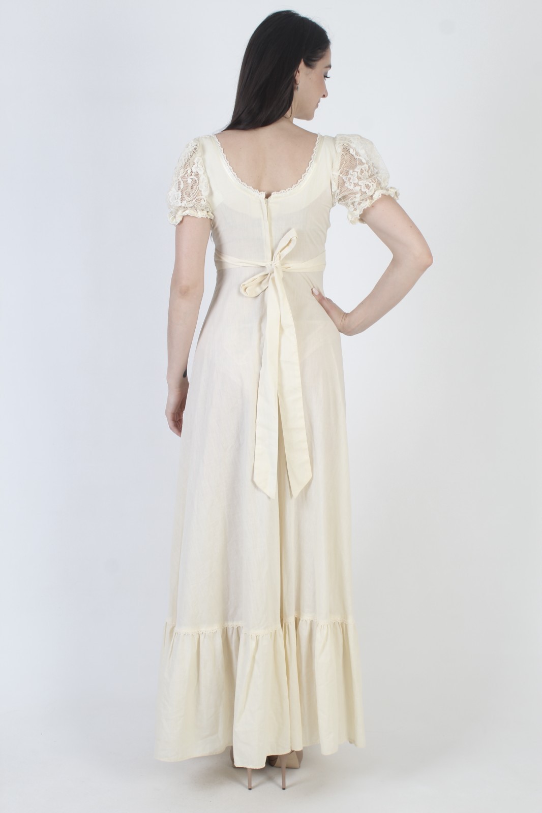 Vtg 70s Cream Prairie Dress Lace Up Corset Cottage Peasant Sheer Slv Boho Gown