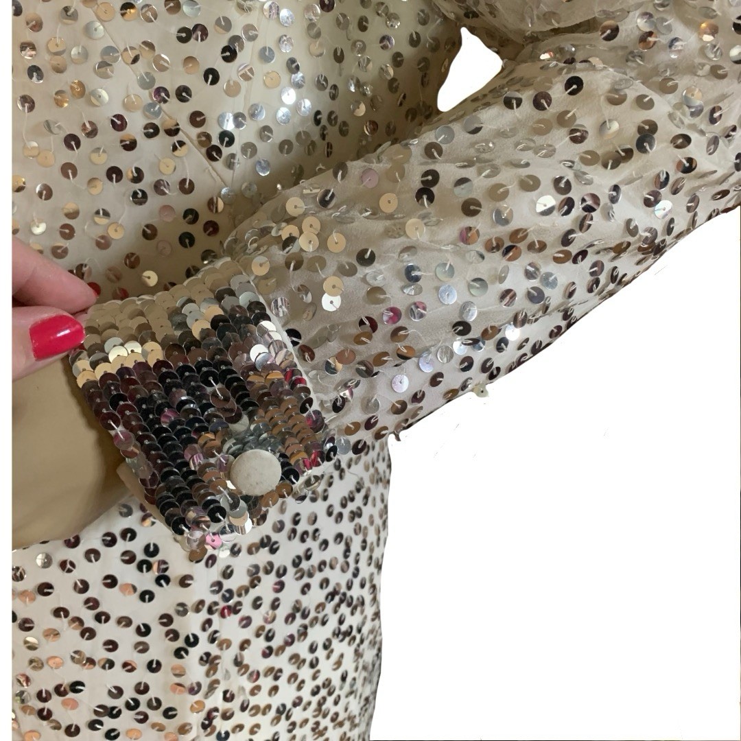 VINTAGE 1960’S CREAM & SILVER SEQUIN LONG SLEEVE PARTY DRESS SIZE SMALL