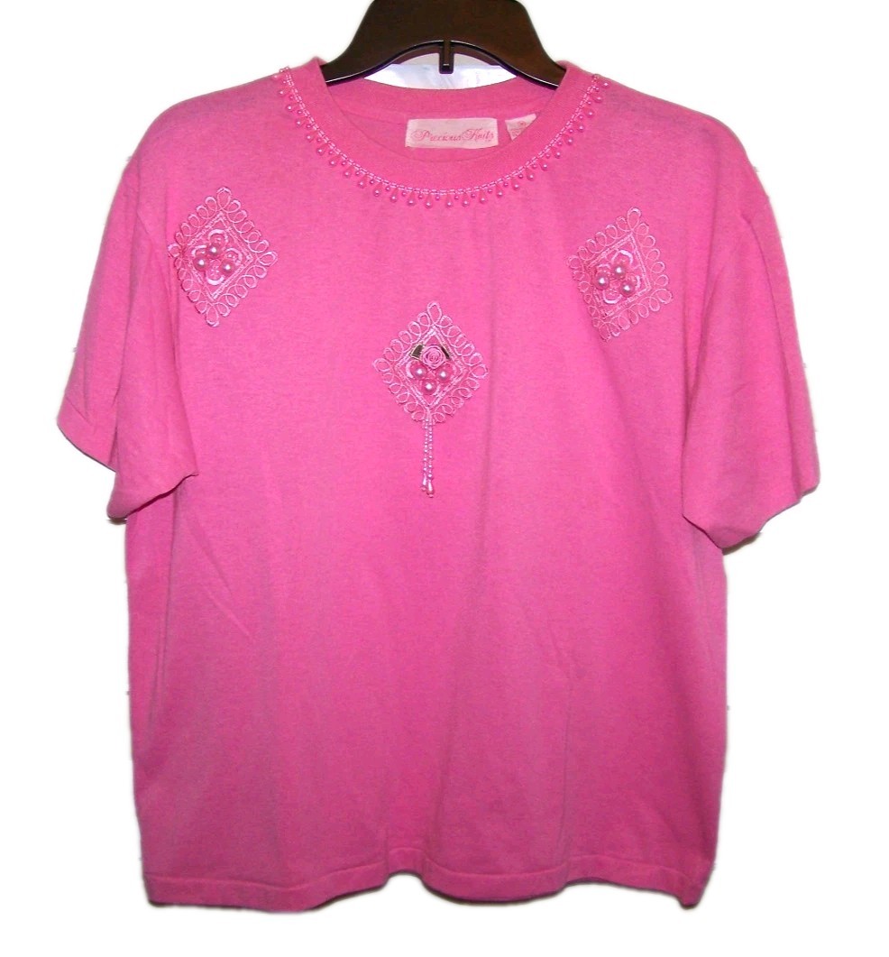 Vintage Precious Knits Women’s Pink Short Sleeve Beaded Top Size M