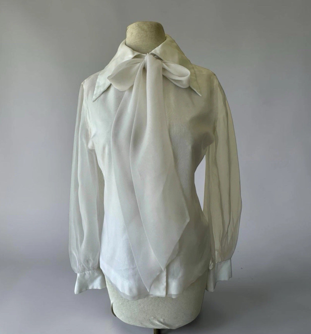 Vtg 60s Fashioned by Gregory White Sheer Sleeves Blouse Sz 10 Tie Neck Chiffon