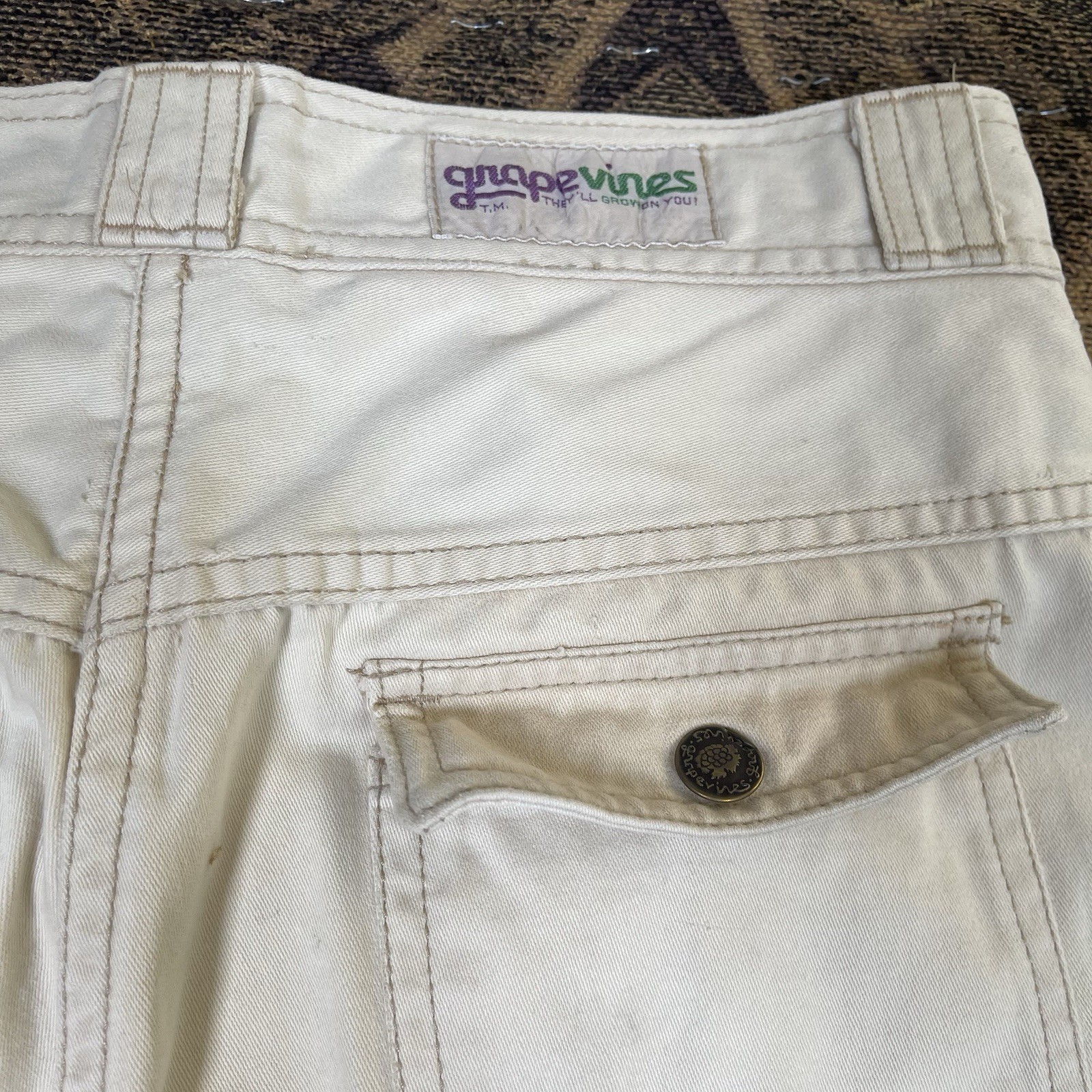 Vtg 70s Grape Vines Cargo Flare Wide Leg Beige Pants Juniors Size 32×33