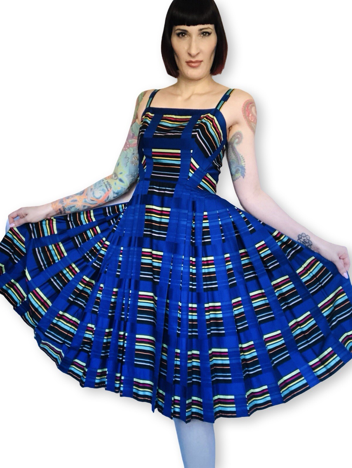 Vintage 1950s 50s Rainbow Striped Blue Cotton Pleated Dress Sundress Small