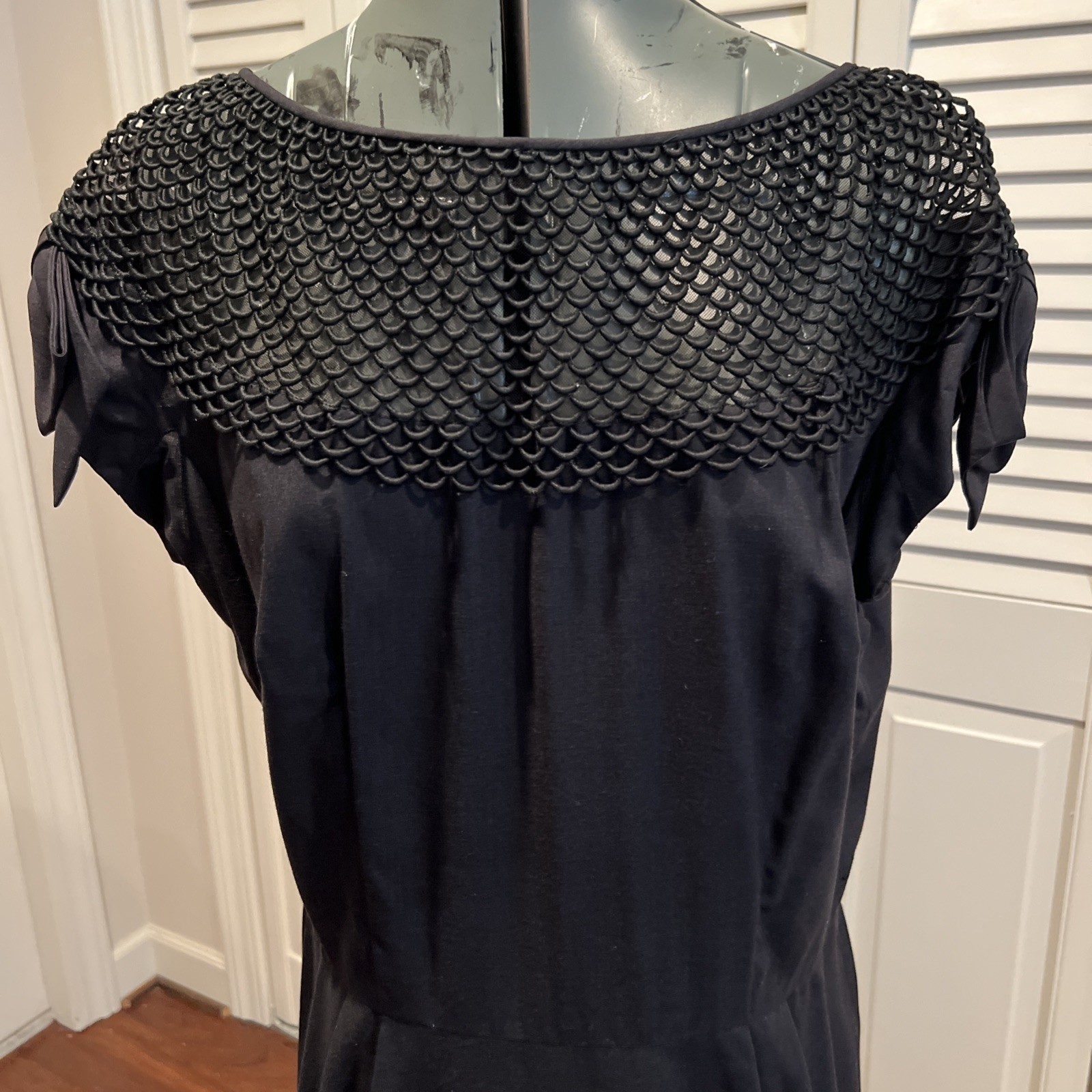 Vtg 1960s Paul Sachs Tailored Black Dress, Open Work, Cap sleeve w/bow, Sz M