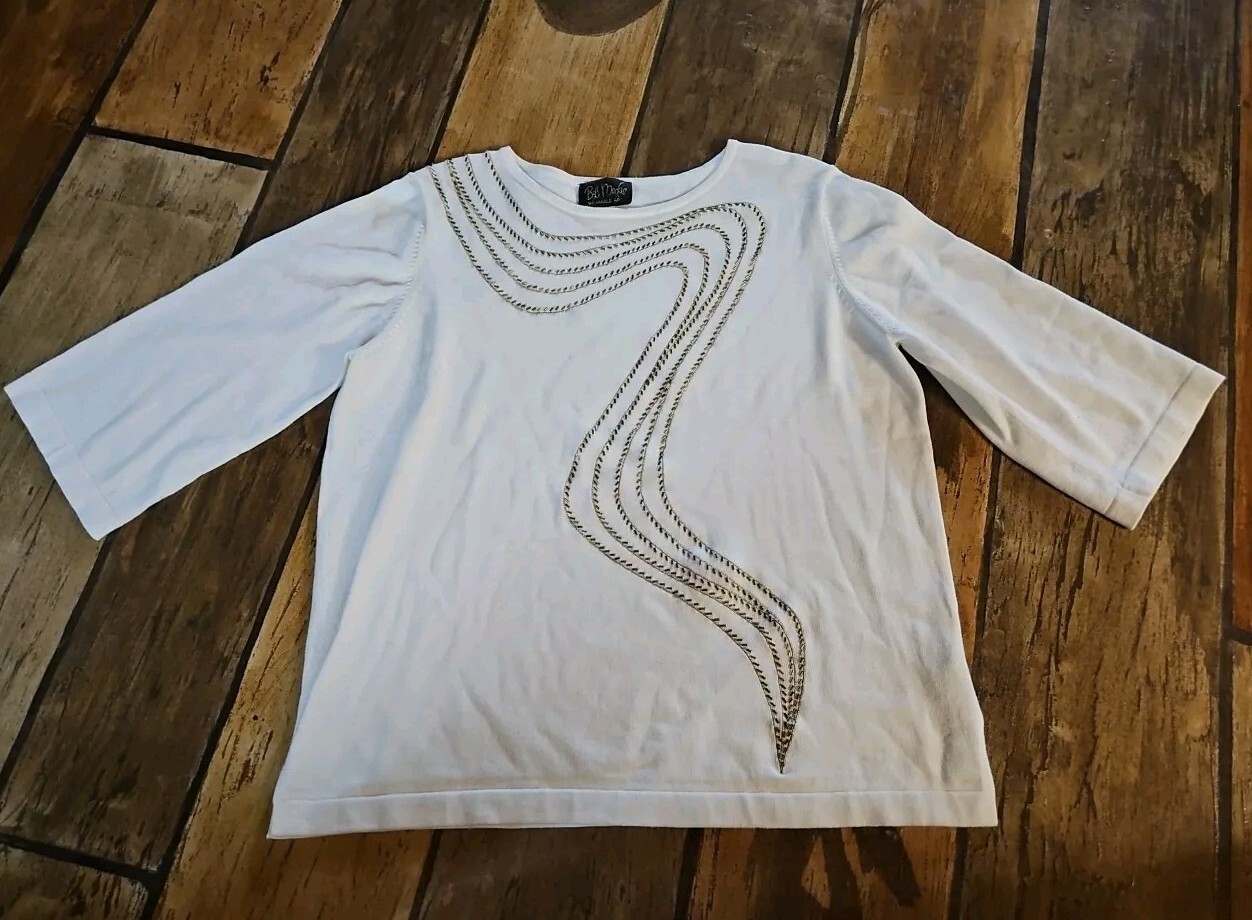 Vintage Bob Mackie Wearable Art Sweater Pullover Cream & Brown Beads XL 3/4 Slev