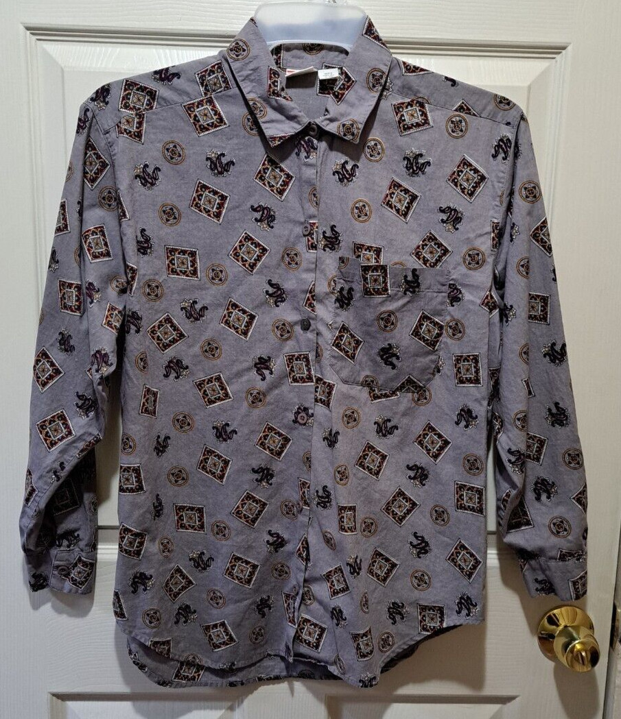 Vintage 1980s Womens Shirt Blouse Medium Size 12 Gray Grey Burgundy
