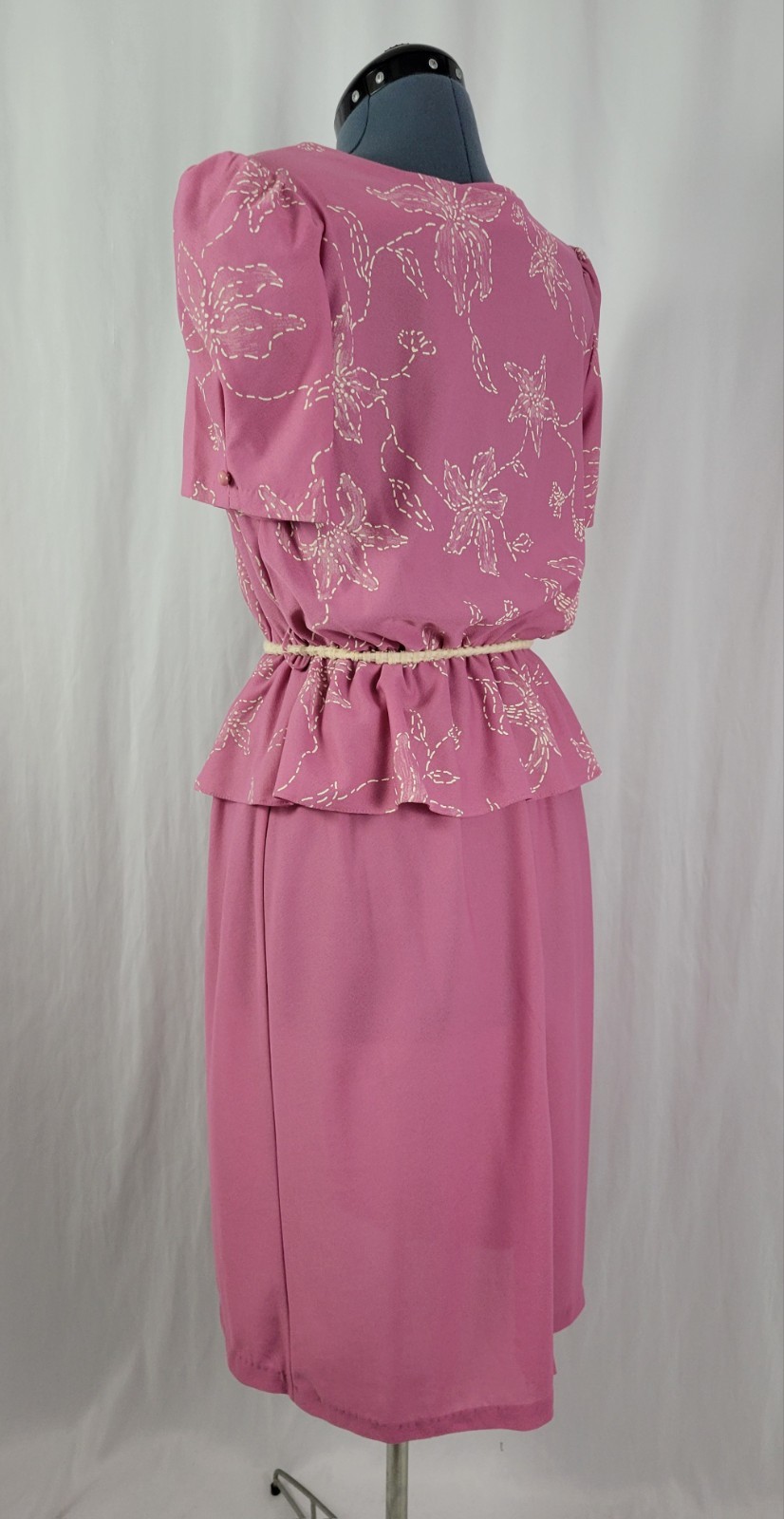Vtg Earth Angel Mauvish-Pink Blouson Dress w Peplum & Cream Floral Print Size S?