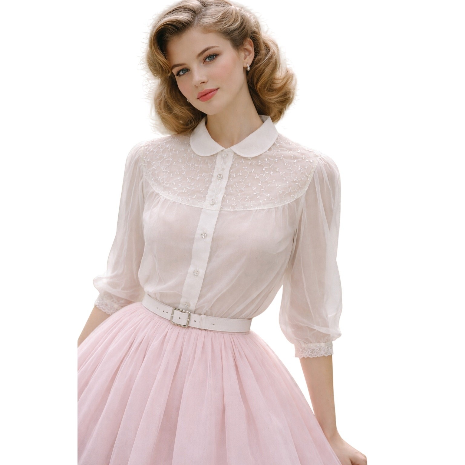 VTG 1950s Kerrybrook Sheer Eyelet Yoke Blouse White Nylon Peter Pan Collar L
