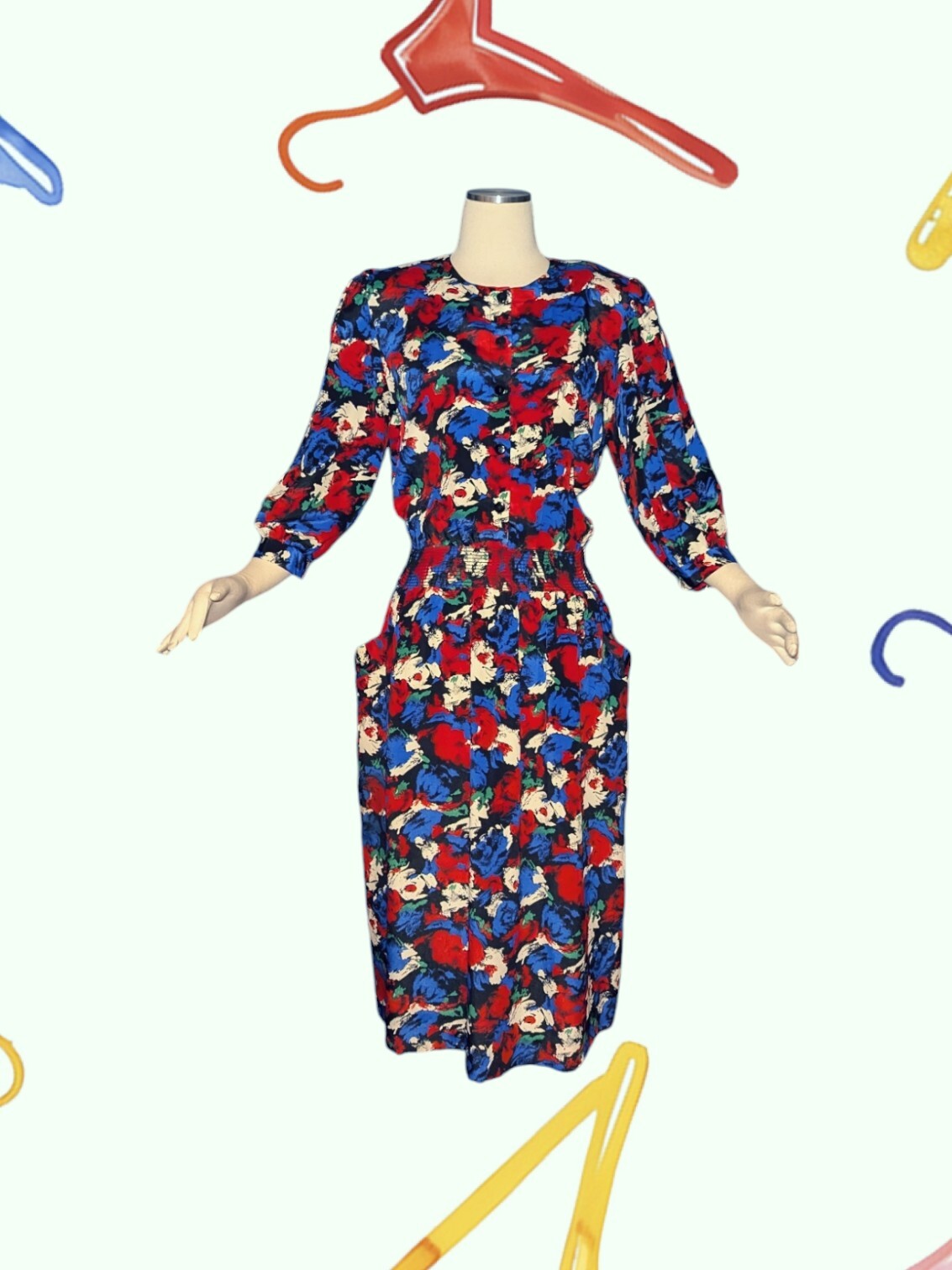 VTG MARCHIONDA OF CALIFORNIA Red White Blue Green SHIFT Dress PUFF Sleeve Sz 10