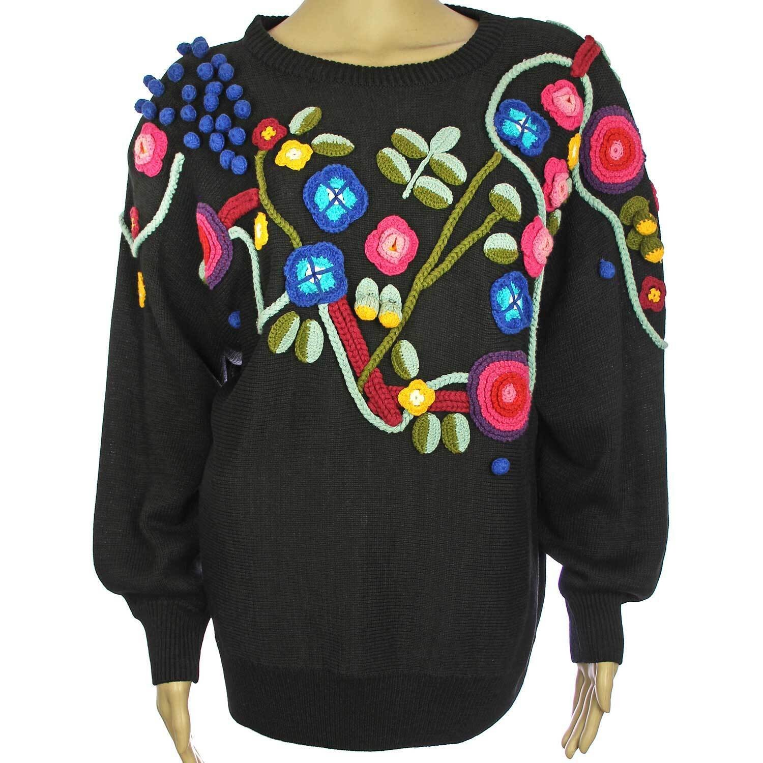 1990s Vintage 3D CROCHET Flower Sweater Black/Multicolor Boho Floral Grandma L